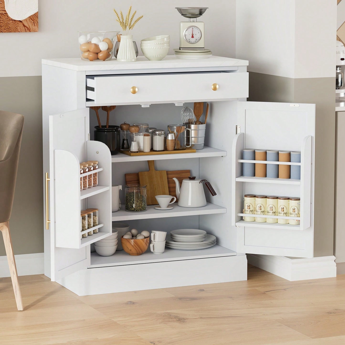 Modern Freestanding Kitchen Pantry Buffet Storage Cabinet With Adjustable Shelves And Drawer For Dining Room And Kitchen In White