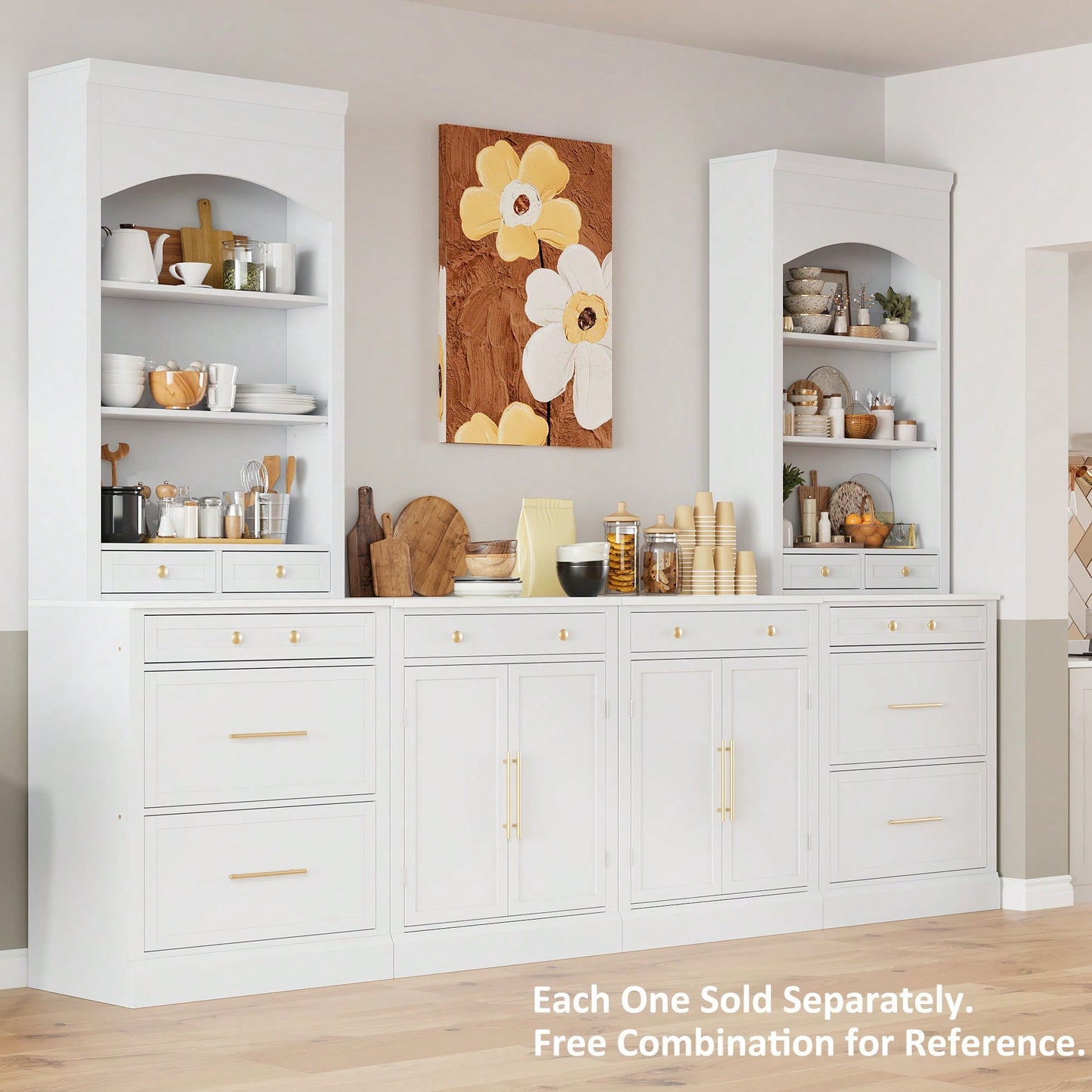 Modern Freestanding Kitchen Pantry Buffet Storage Cabinet With Adjustable Shelves And Drawer For Dining Room And Kitchen In White