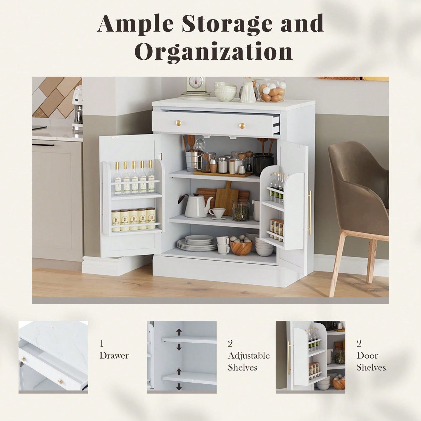 Modern Freestanding Kitchen Pantry Buffet Storage Cabinet With Adjustable Shelves And Drawer For Dining Room And Kitchen In White