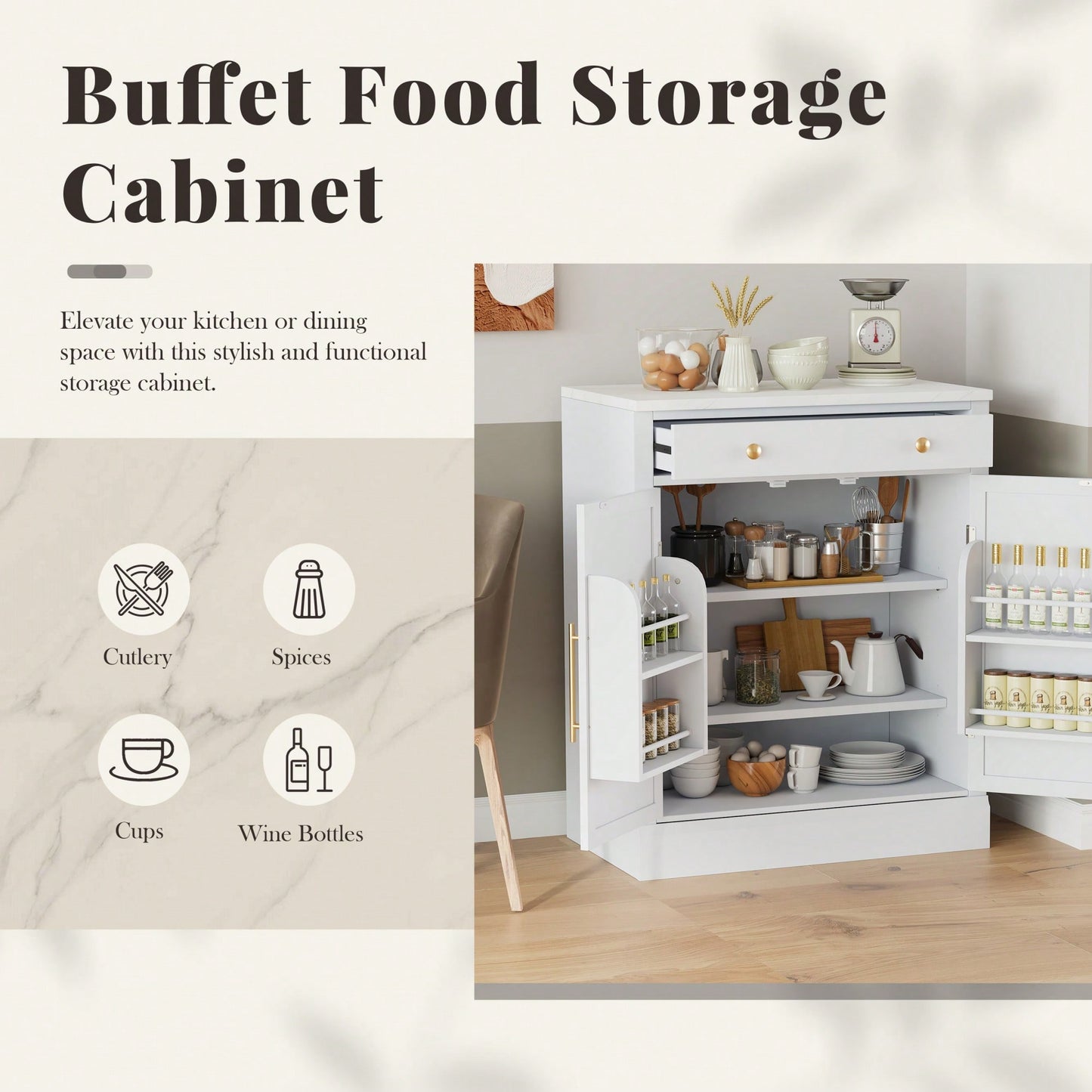 Modern Freestanding Kitchen Pantry Buffet Storage Cabinet With Adjustable Shelves And Drawer For Dining Room And Kitchen In White