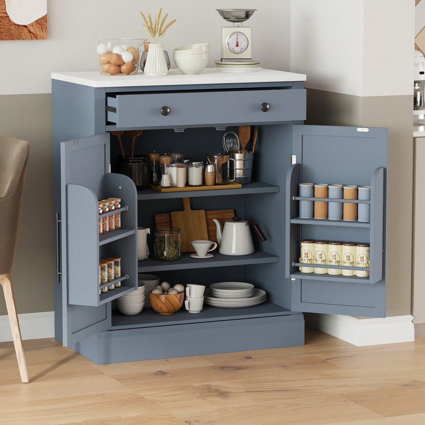 Modern Freestanding Kitchen Pantry Buffet Storage Cabinet With Adjustable Shelves And Drawer For Dining Room And Kitchen In White