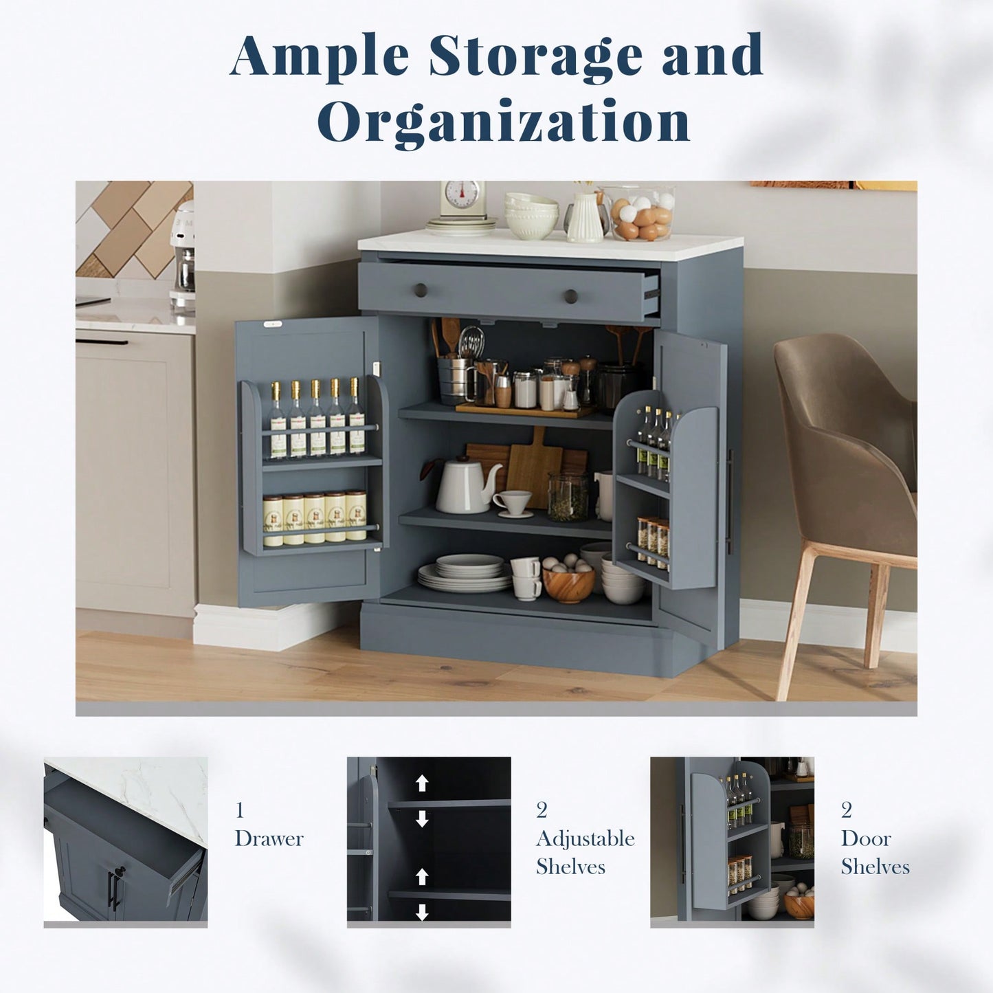 Modern Freestanding Kitchen Pantry Buffet Storage Cabinet With Adjustable Shelves And Drawer For Dining Room And Kitchen In White