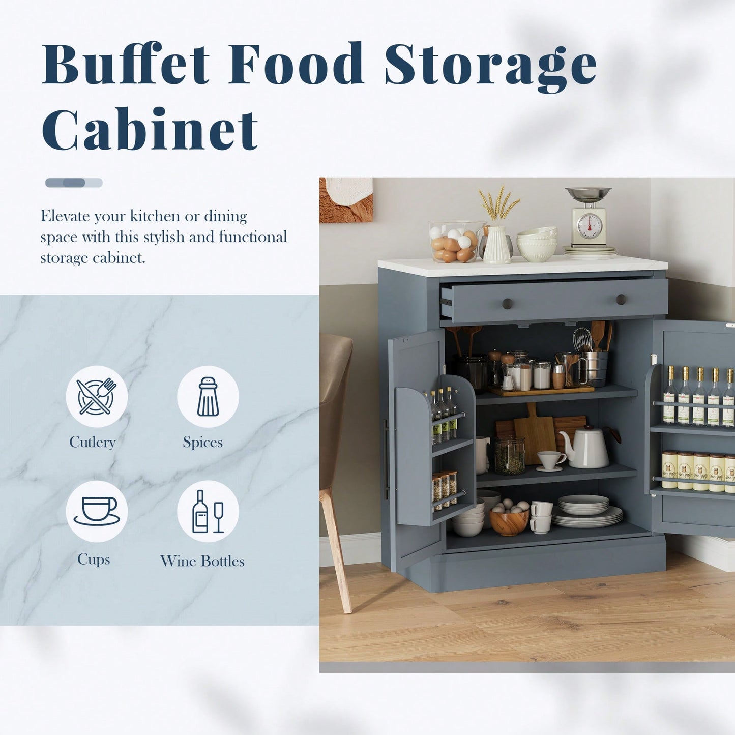 Modern Freestanding Kitchen Pantry Buffet Storage Cabinet With Adjustable Shelves And Drawer For Dining Room And Kitchen In White