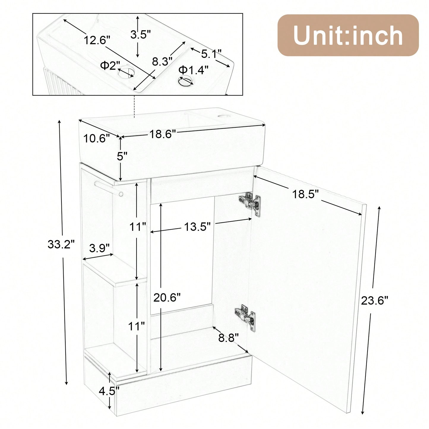 18.6 Inch Black Bathroom Vanity With Sink And Two-Tier Shelf For Left Or Right Orientation