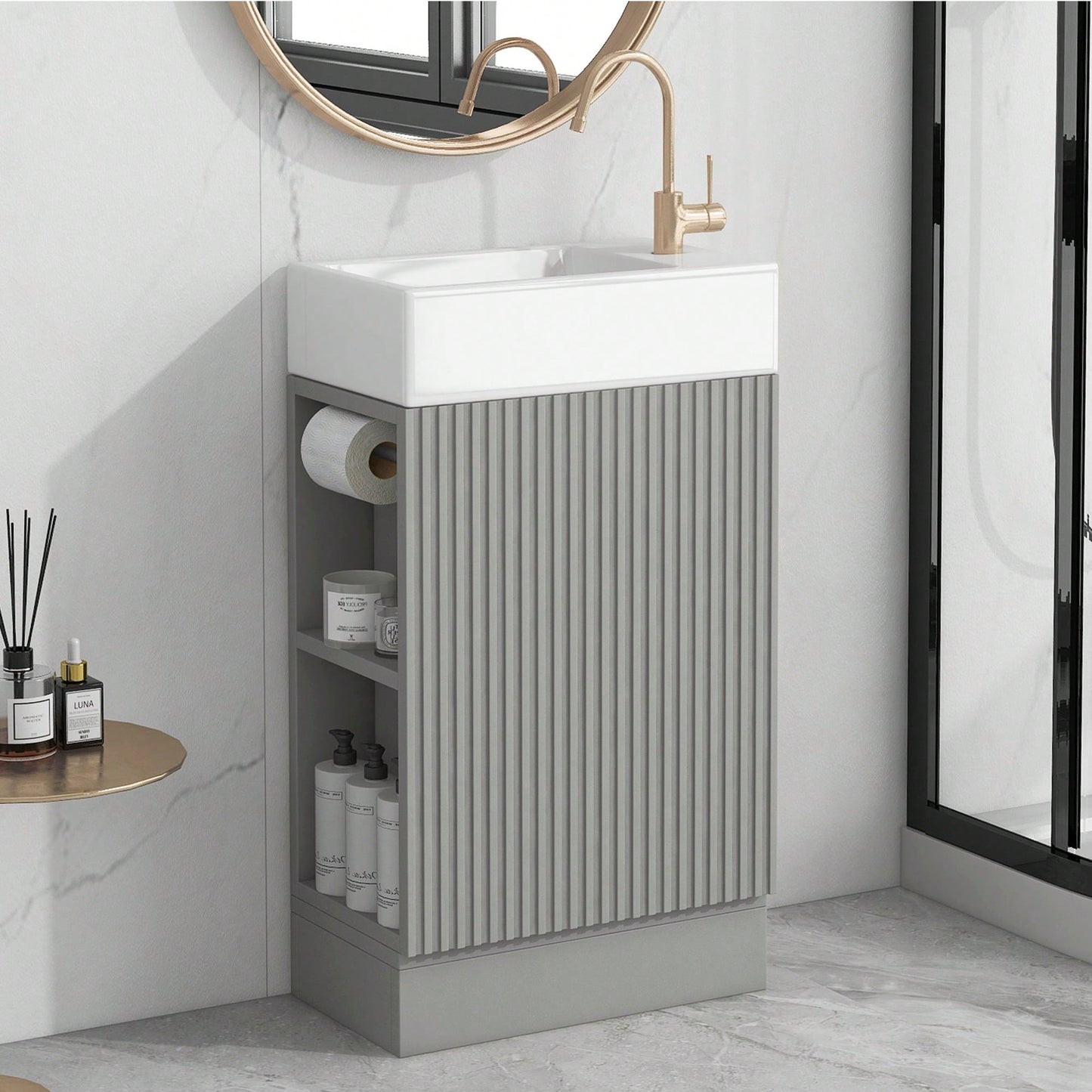 18.6 Inch Black Bathroom Vanity With Sink And Two-Tier Shelf For Left Or Right Orientation