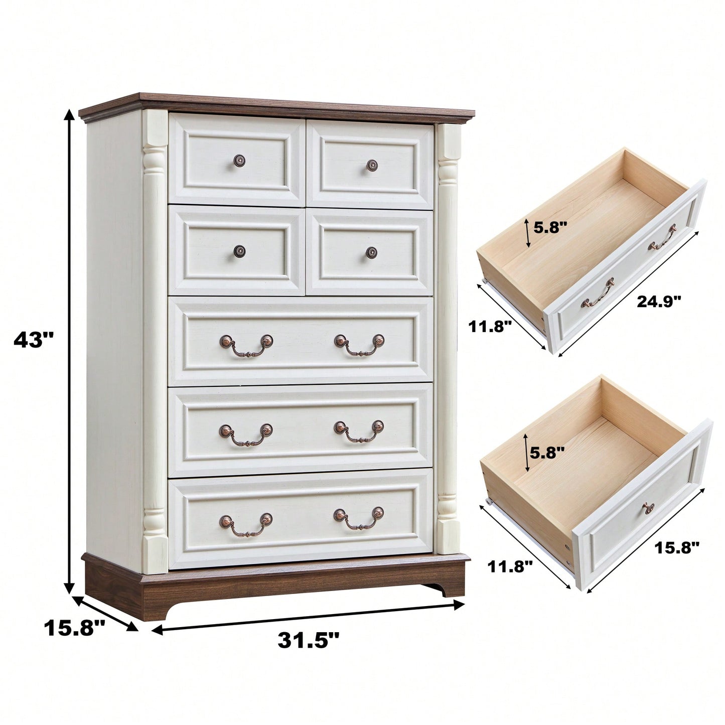 Rustic 7 Drawer Wooden Dresser Chest For Bedroom And Living Room Storage With Base And Riser Trim