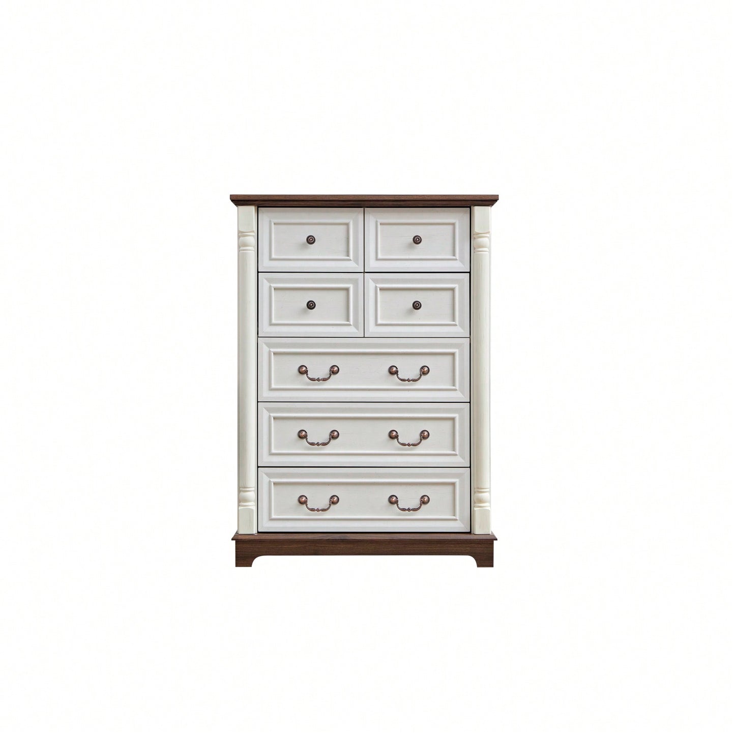 Rustic 7 Drawer Wooden Dresser Chest For Bedroom And Living Room Storage With Base And Riser Trim