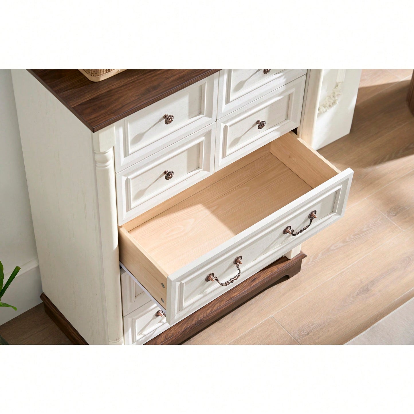 Rustic 7 Drawer Wooden Dresser Chest For Bedroom And Living Room Storage With Base And Riser Trim