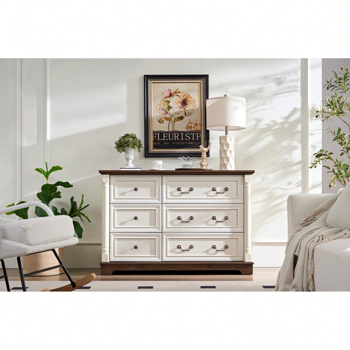 Rustic Farmhouse 6 Drawer Wooden Dresser Chest For Bedroom And Living Room Storage Organizer Sturdy Durable Design