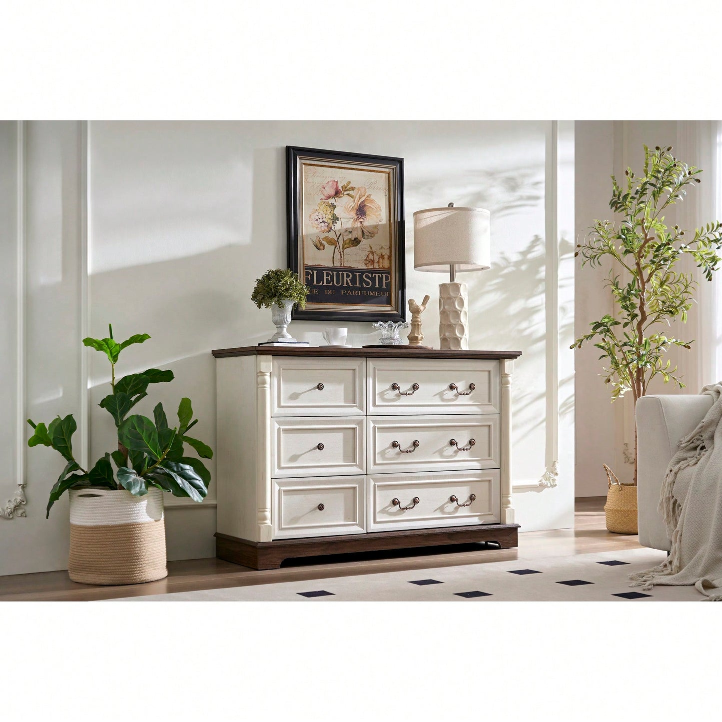 Rustic Farmhouse 6 Drawer Wooden Dresser Chest For Bedroom And Living Room Storage Organizer Sturdy Durable Design