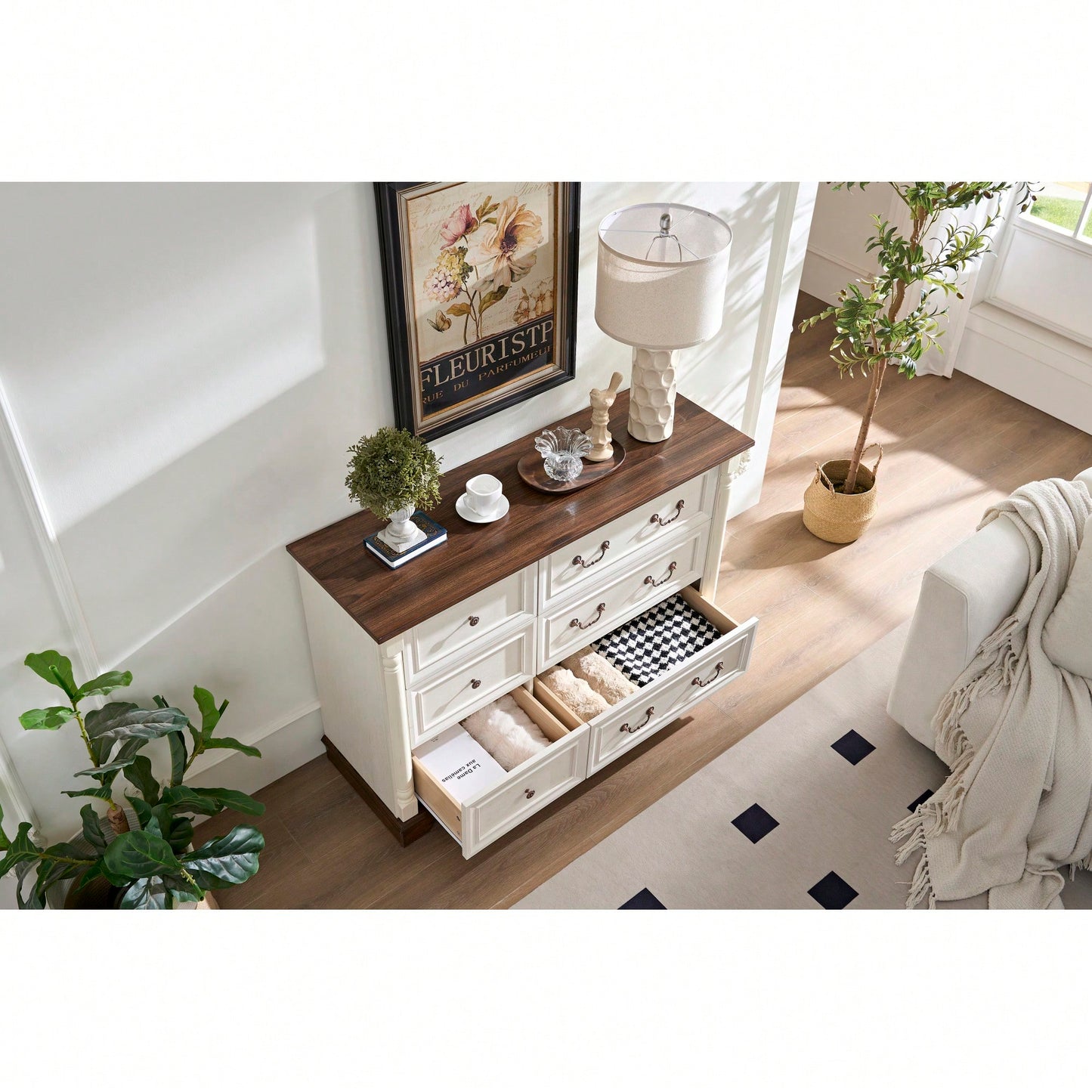 Rustic Farmhouse 6 Drawer Wooden Dresser Chest For Bedroom And Living Room Storage Organizer Sturdy Durable Design
