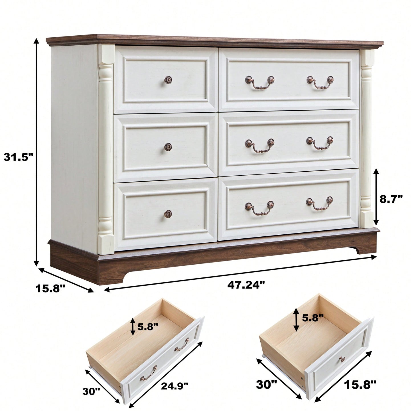Rustic Farmhouse 6 Drawer Wooden Dresser Chest For Bedroom And Living Room Storage Organizer Sturdy Durable Design