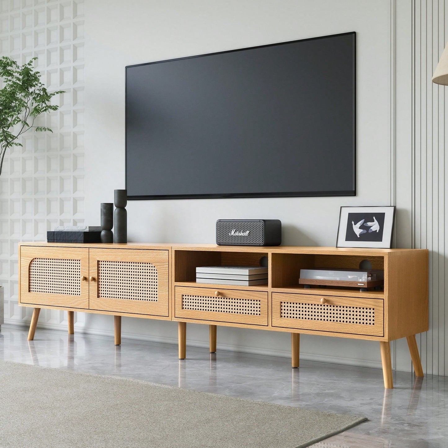 Modern Farmhouse TV Stand For 85 Inch TVs Solid Wood Legs Entertainment Center For Living Room And Home Theatre