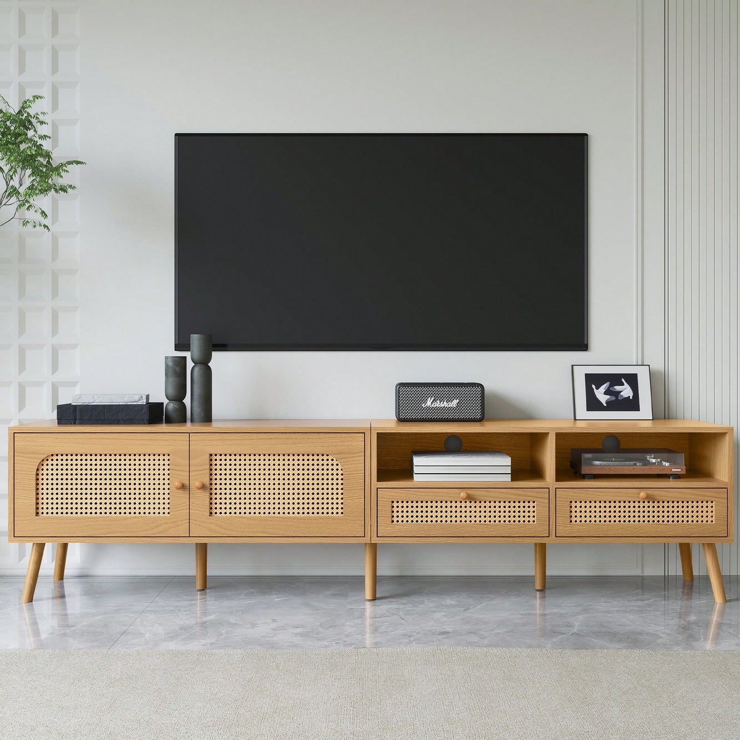 Modern Farmhouse TV Stand For 85 Inch TVs Solid Wood Legs Entertainment Center For Living Room And Home Theatre