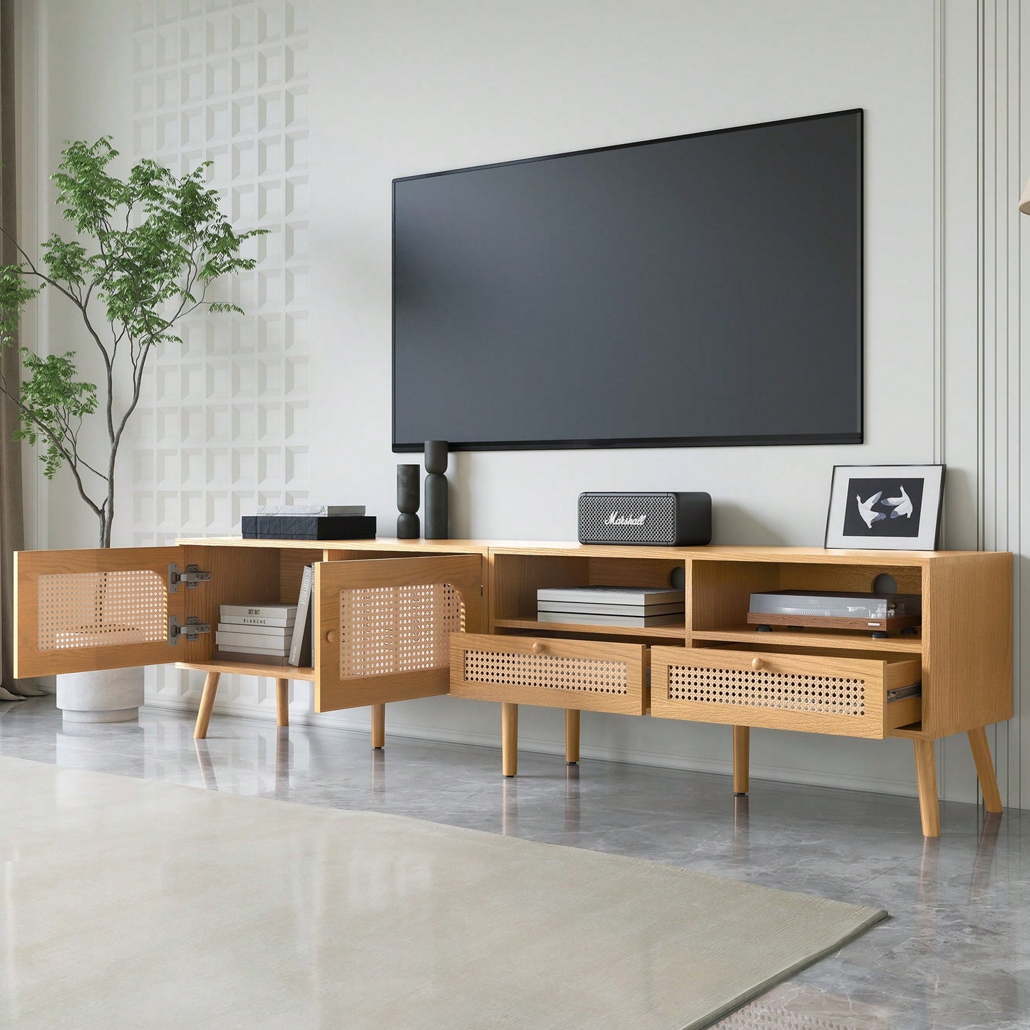 Modern Farmhouse TV Stand For 85 Inch TVs Solid Wood Legs Entertainment Center For Living Room And Home Theatre