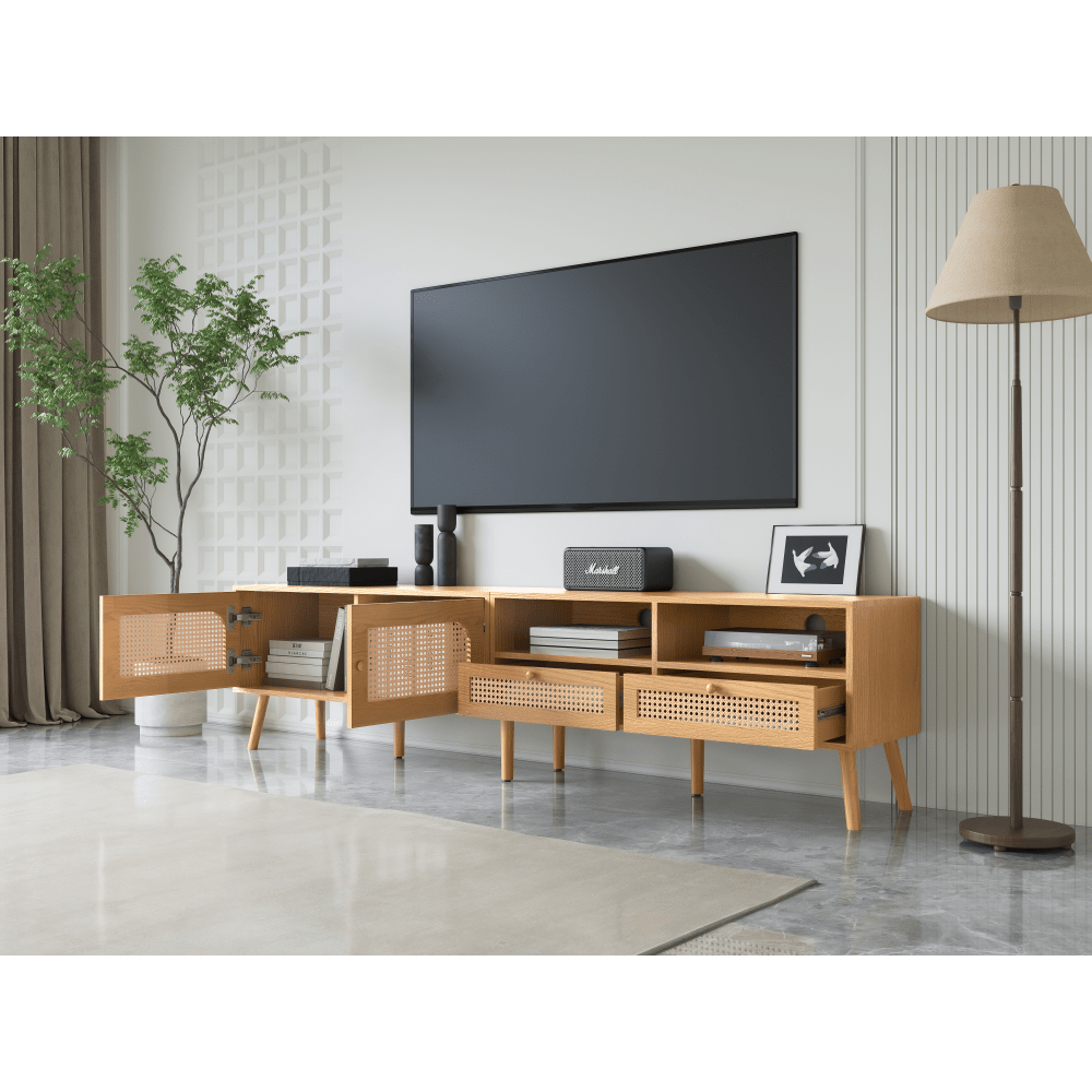Modern Farmhouse TV Stand For 85 Inch TVs Solid Wood Legs Entertainment Center For Living Room And Home Theatre