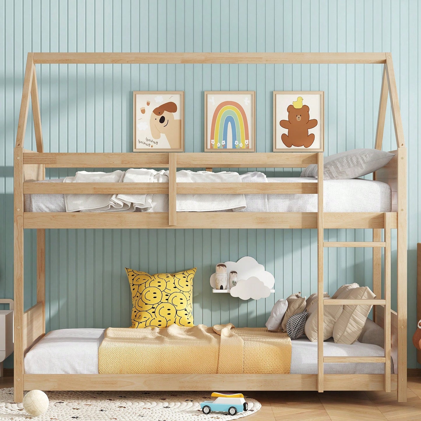 Twin Over Twin Bunk Bed With Headboards And Guardrails, Wooden Frame With Ladder And Safety Features, White Oak Finish
