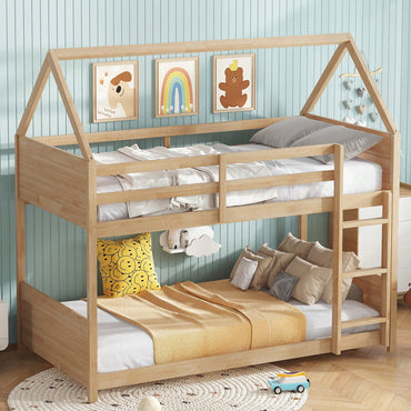 Twin Over Twin Bunk Bed With Headboards And Guardrails, Wooden Frame With Ladder And Safety Features, White Oak Finish