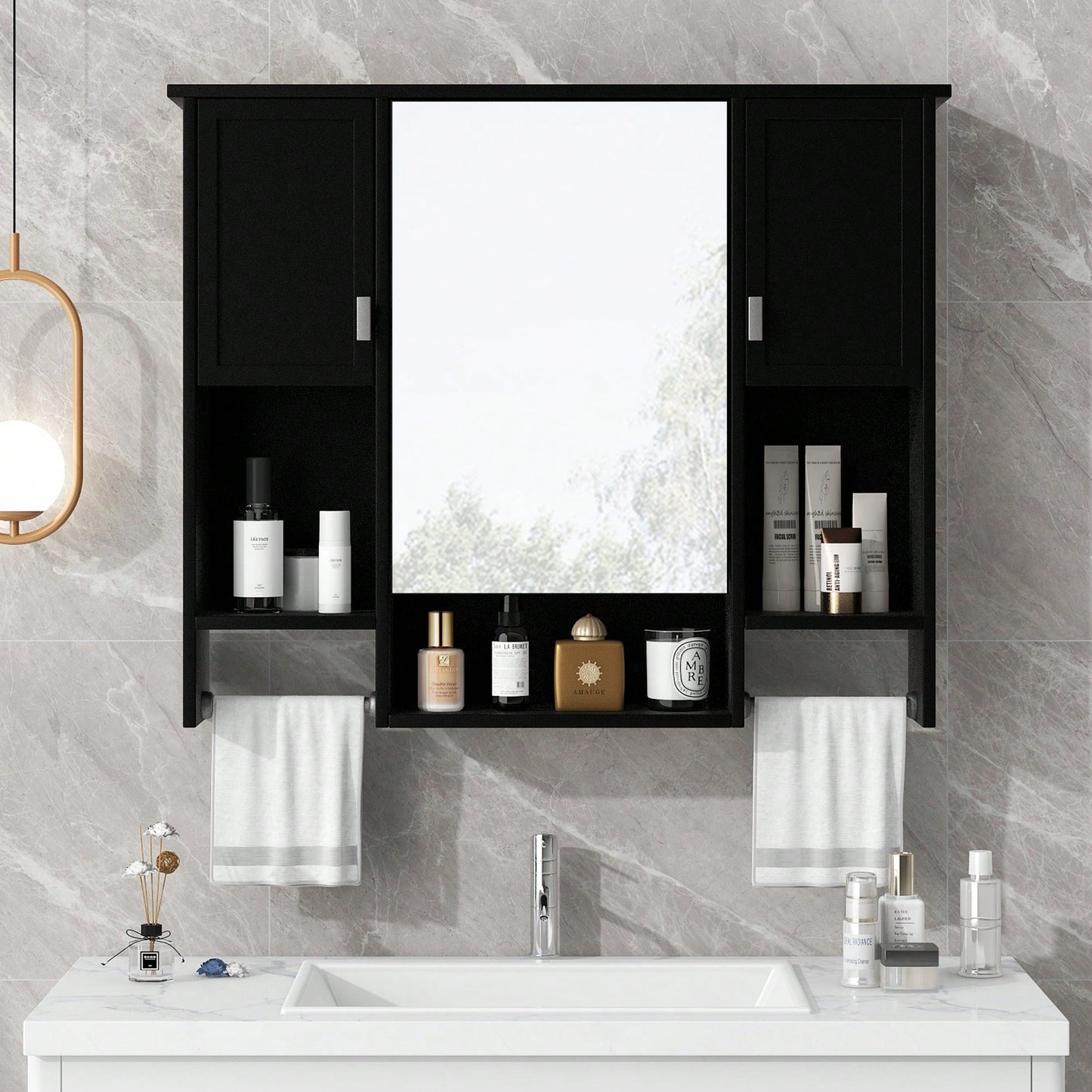 35x28 Inch Modern Wall Mounted Bathroom Storage Cabinet With Mirror And Towel Bar