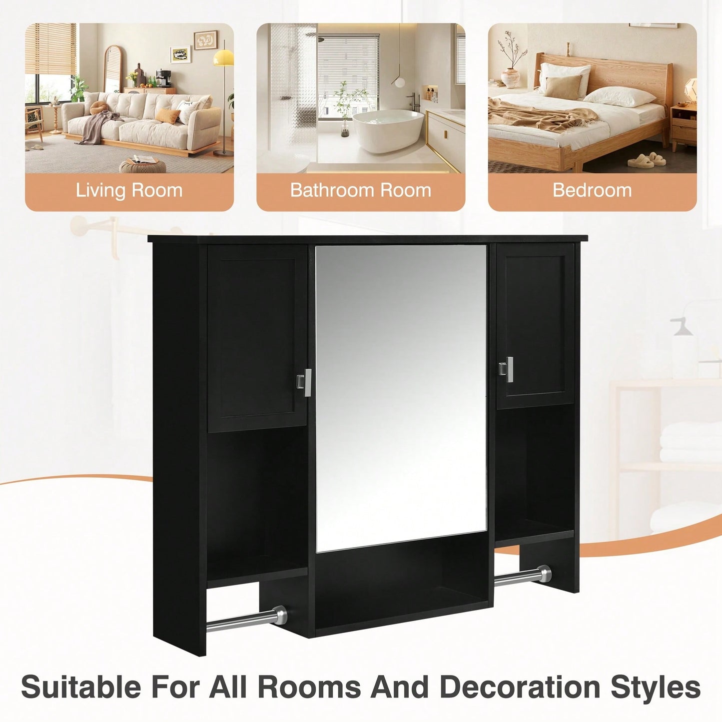 35x28 Inch Modern Wall Mounted Bathroom Storage Cabinet With Mirror And Towel Bar