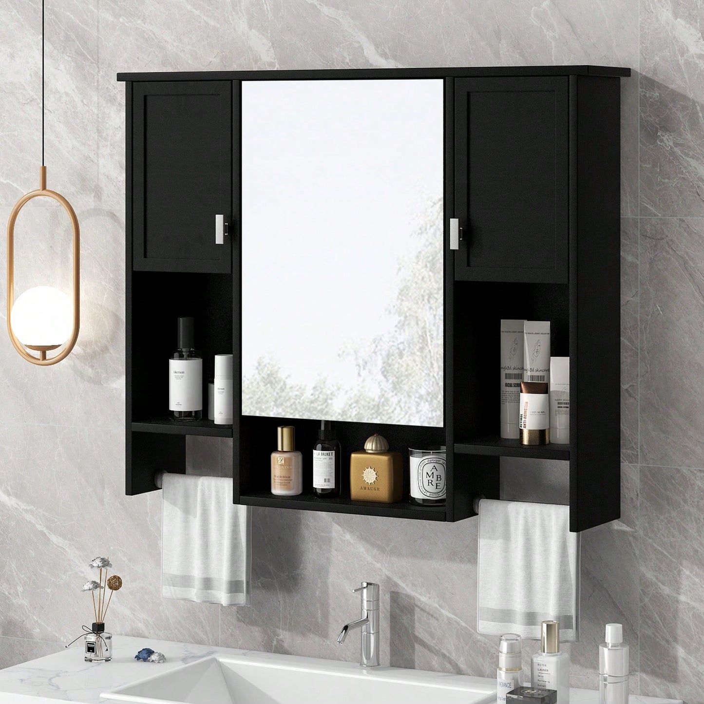 35x28 Inch Modern Wall Mounted Bathroom Storage Cabinet With Mirror And Towel Bar