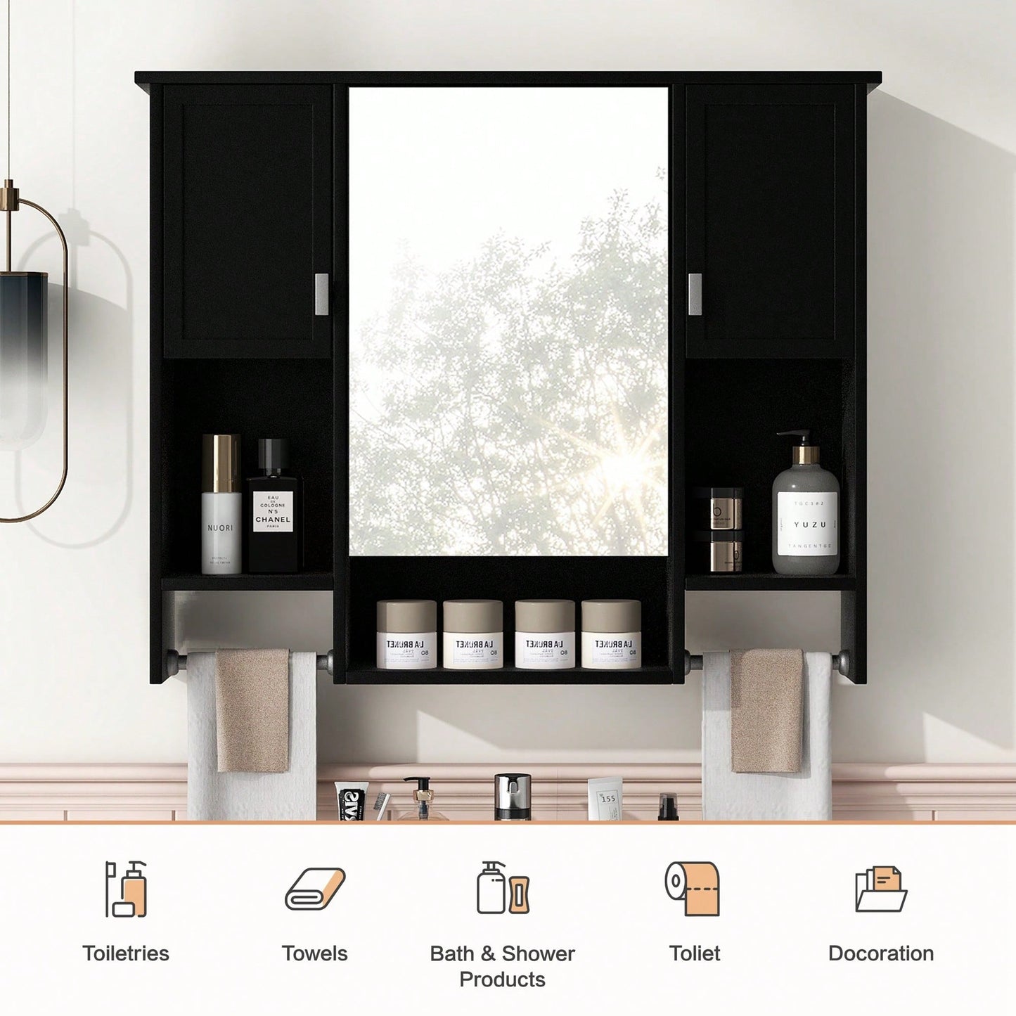 35x28 Inch Modern Wall Mounted Bathroom Storage Cabinet With Mirror And Towel Bar