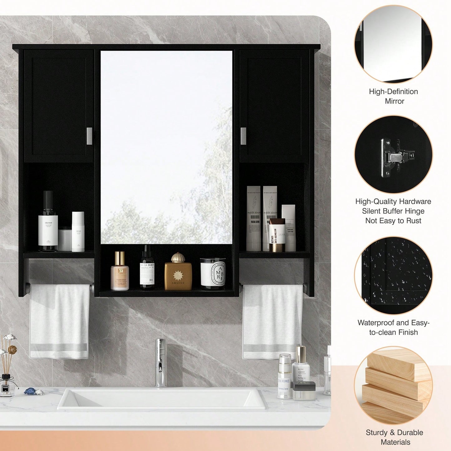 35x28 Inch Modern Wall Mounted Bathroom Storage Cabinet With Mirror And Towel Bar