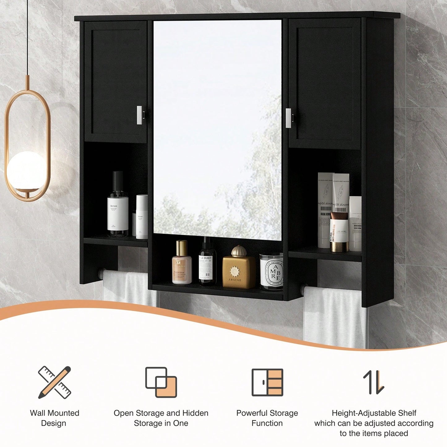 35x28 Inch Modern Wall Mounted Bathroom Storage Cabinet With Mirror And Towel Bar