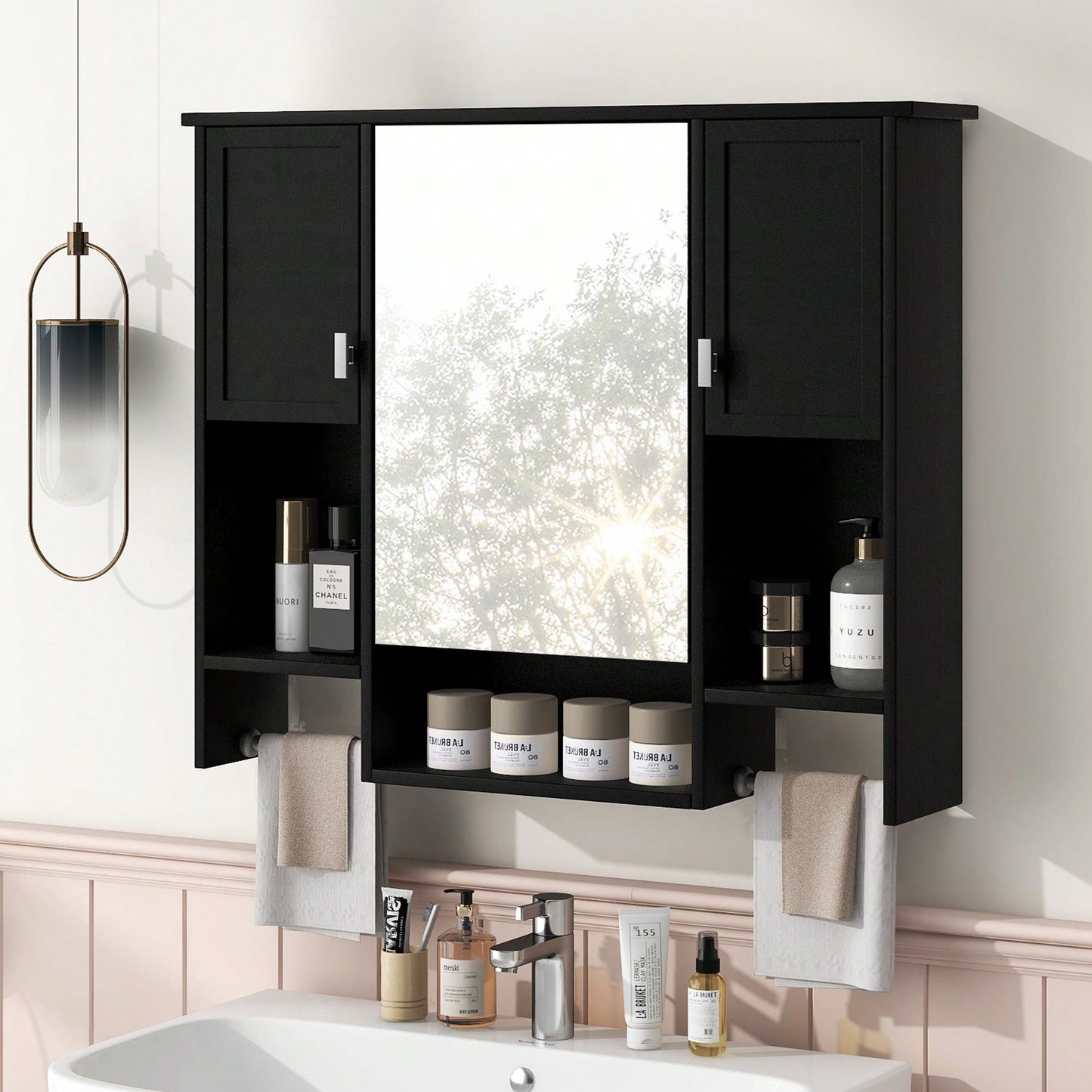 35x28 Inch Modern Wall Mounted Bathroom Storage Cabinet With Mirror And Towel Bar