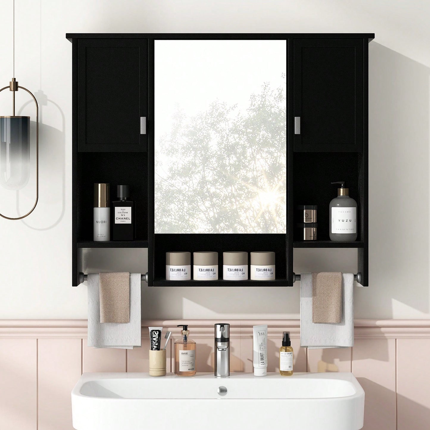 35x28 Inch Modern Wall Mounted Bathroom Storage Cabinet With Mirror And Towel Bar