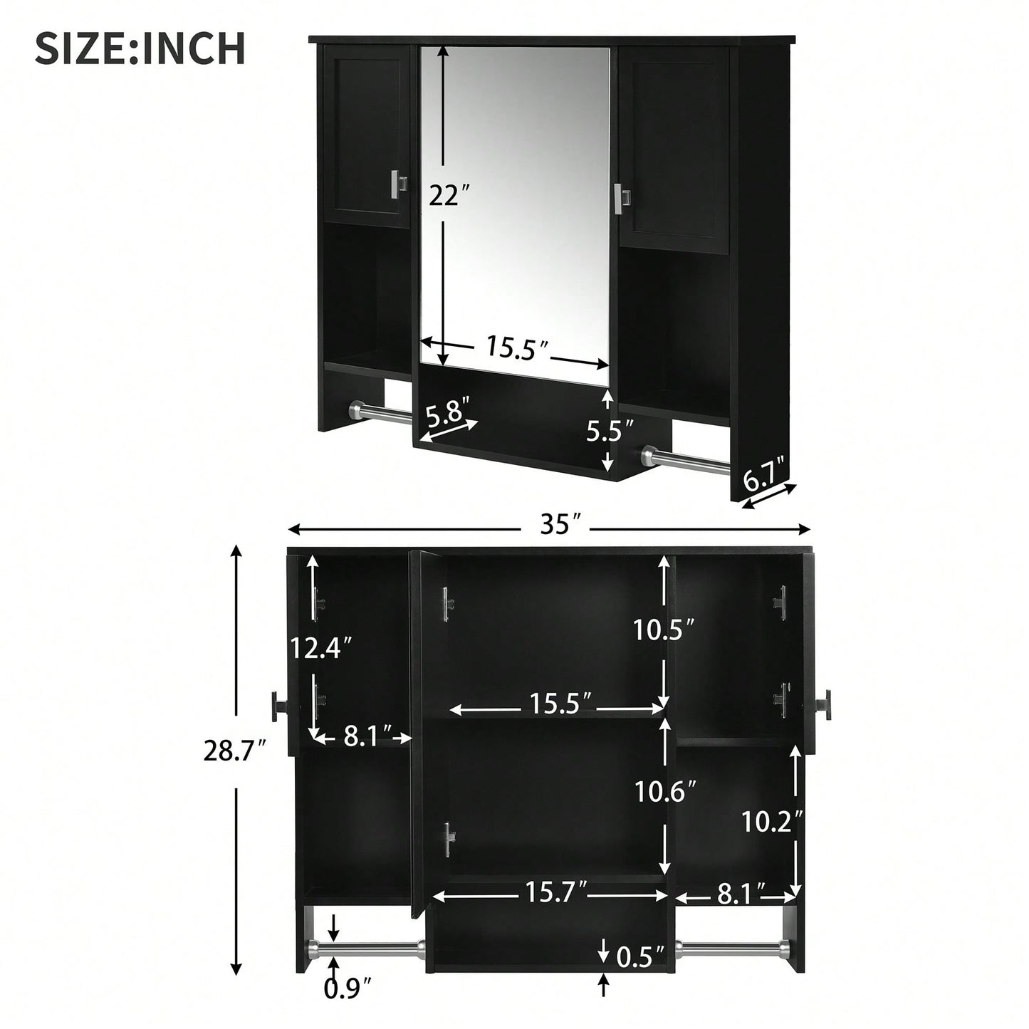 35x28 Inch Modern Wall Mounted Bathroom Storage Cabinet With Mirror And Towel Bar