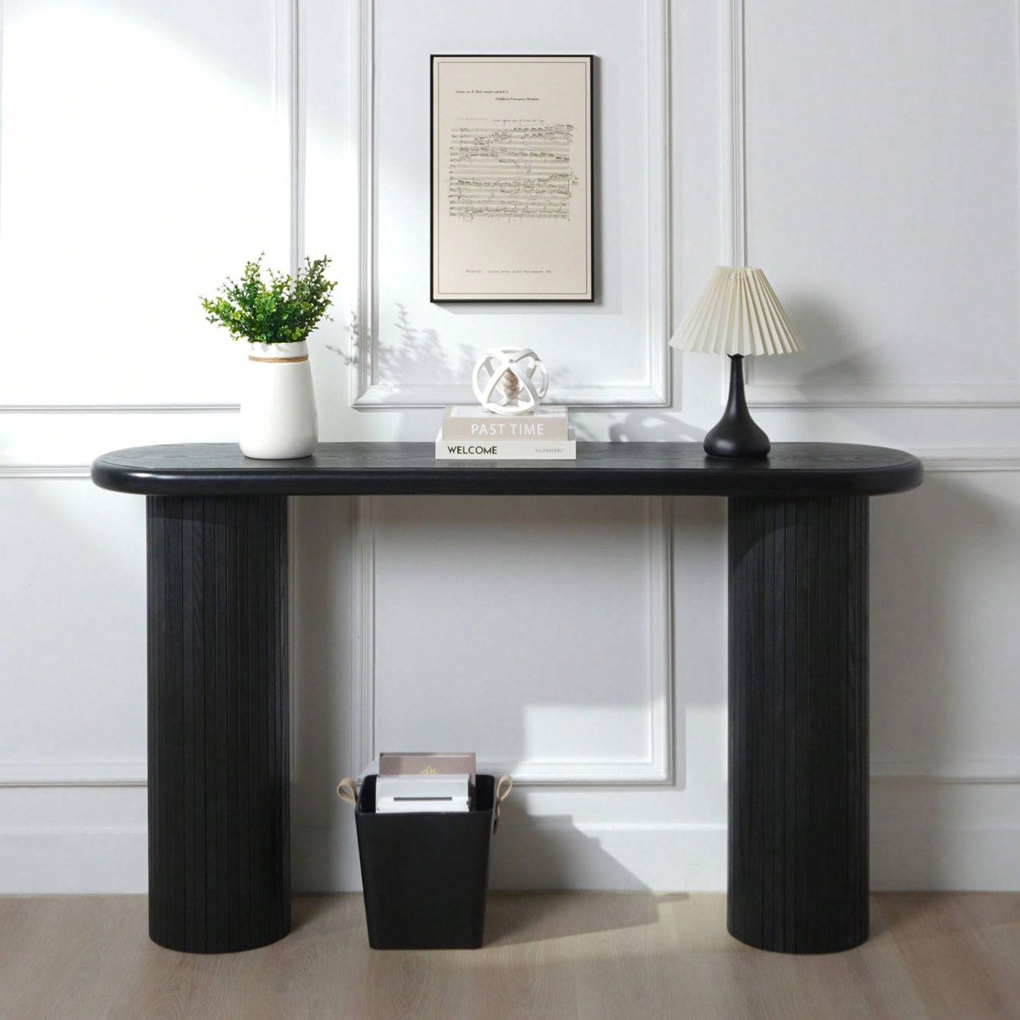 Modern Fluted Black Console Table 56 Inch Narrow Entryway Table Stylish Hallway Sofa Table For Living Room