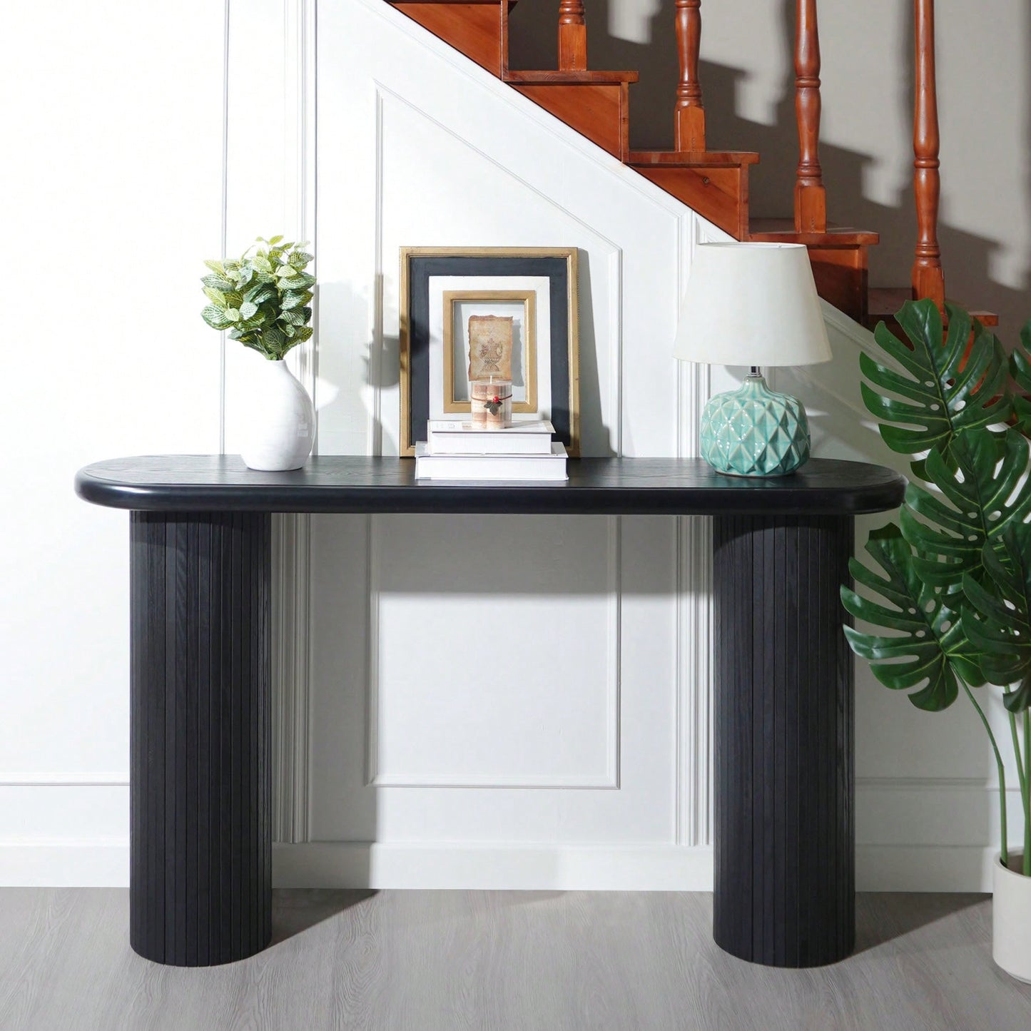 Modern Fluted Black Console Table 56 Inch Narrow Entryway Table Stylish Hallway Sofa Table For Living Room