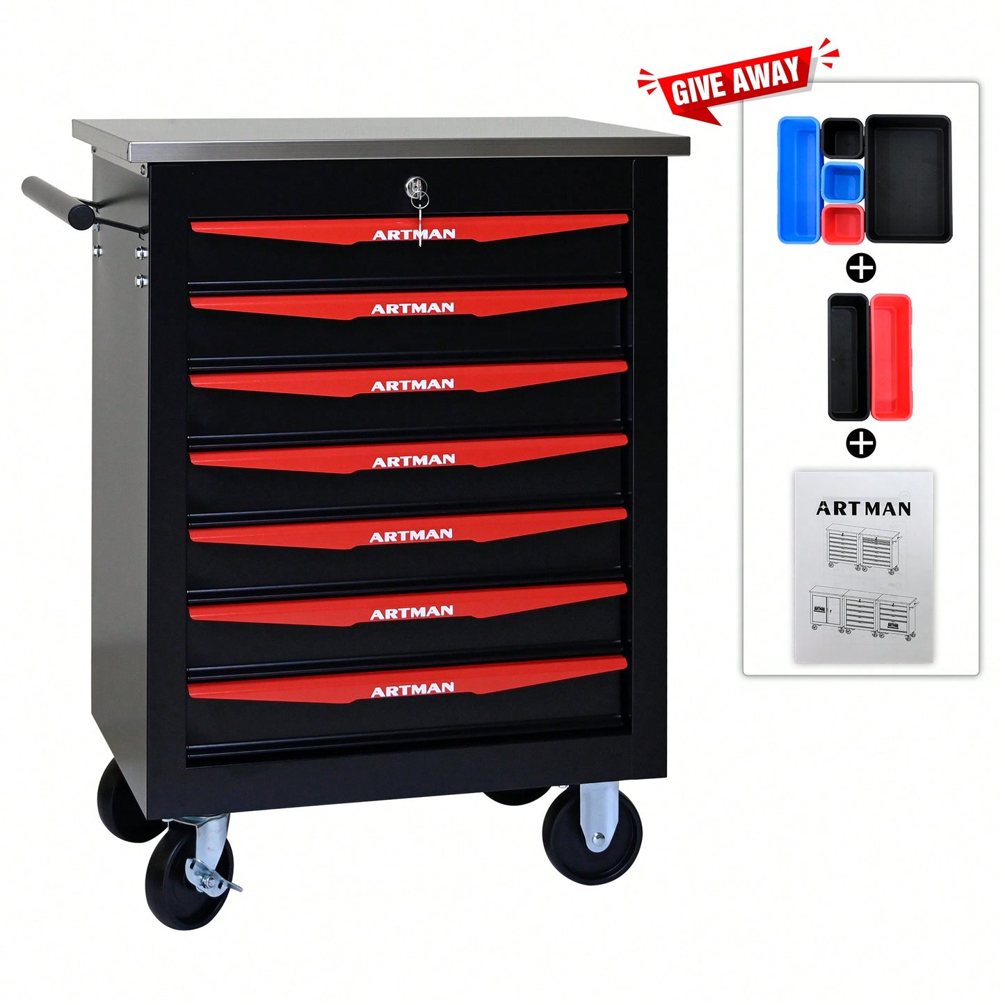 Multifunctional 7 Drawer Rolling Tool Cart With Wheels For Garage Workshop Storage Black And Red