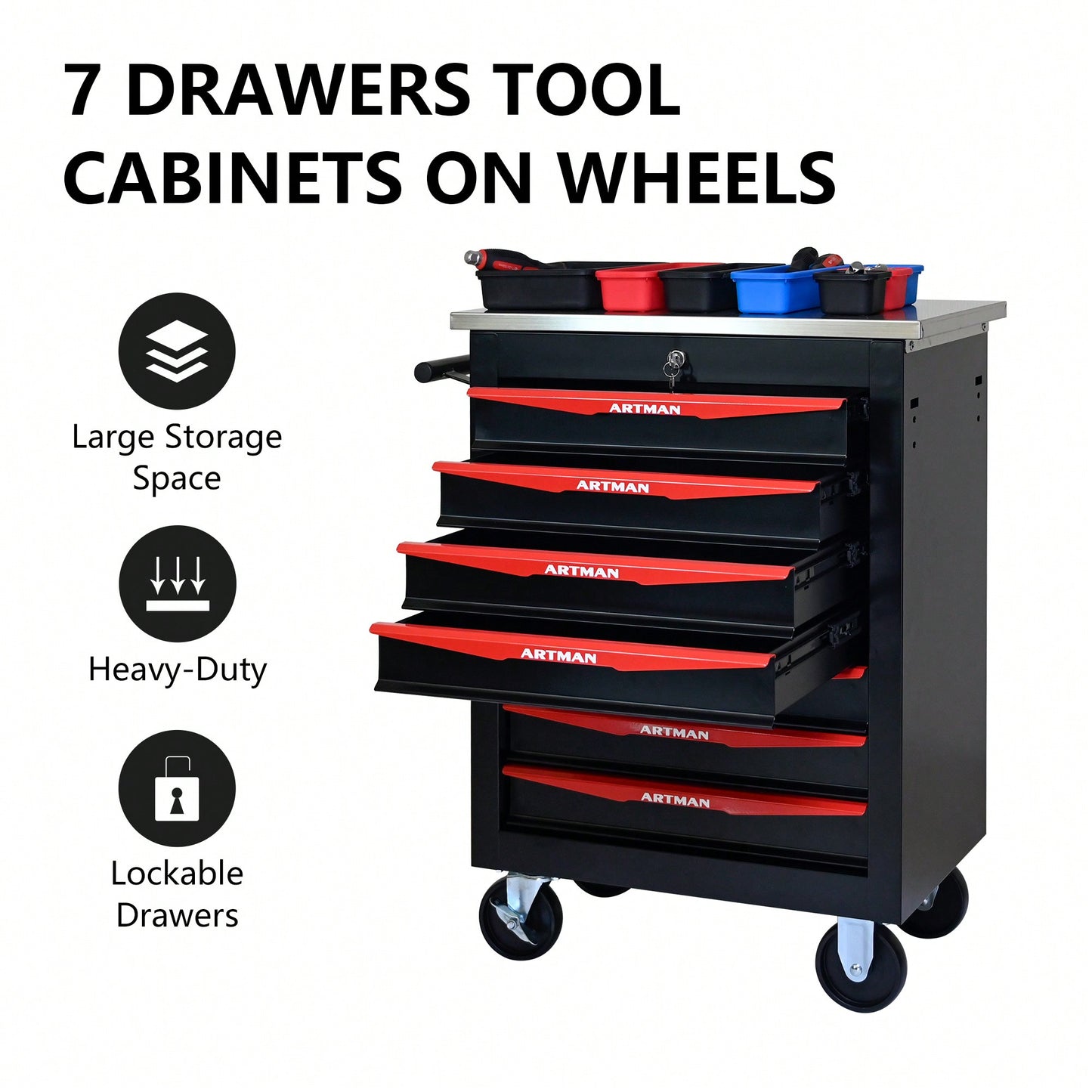 Multifunctional 7 Drawer Rolling Tool Cart With Wheels For Garage Workshop Storage Black And Red