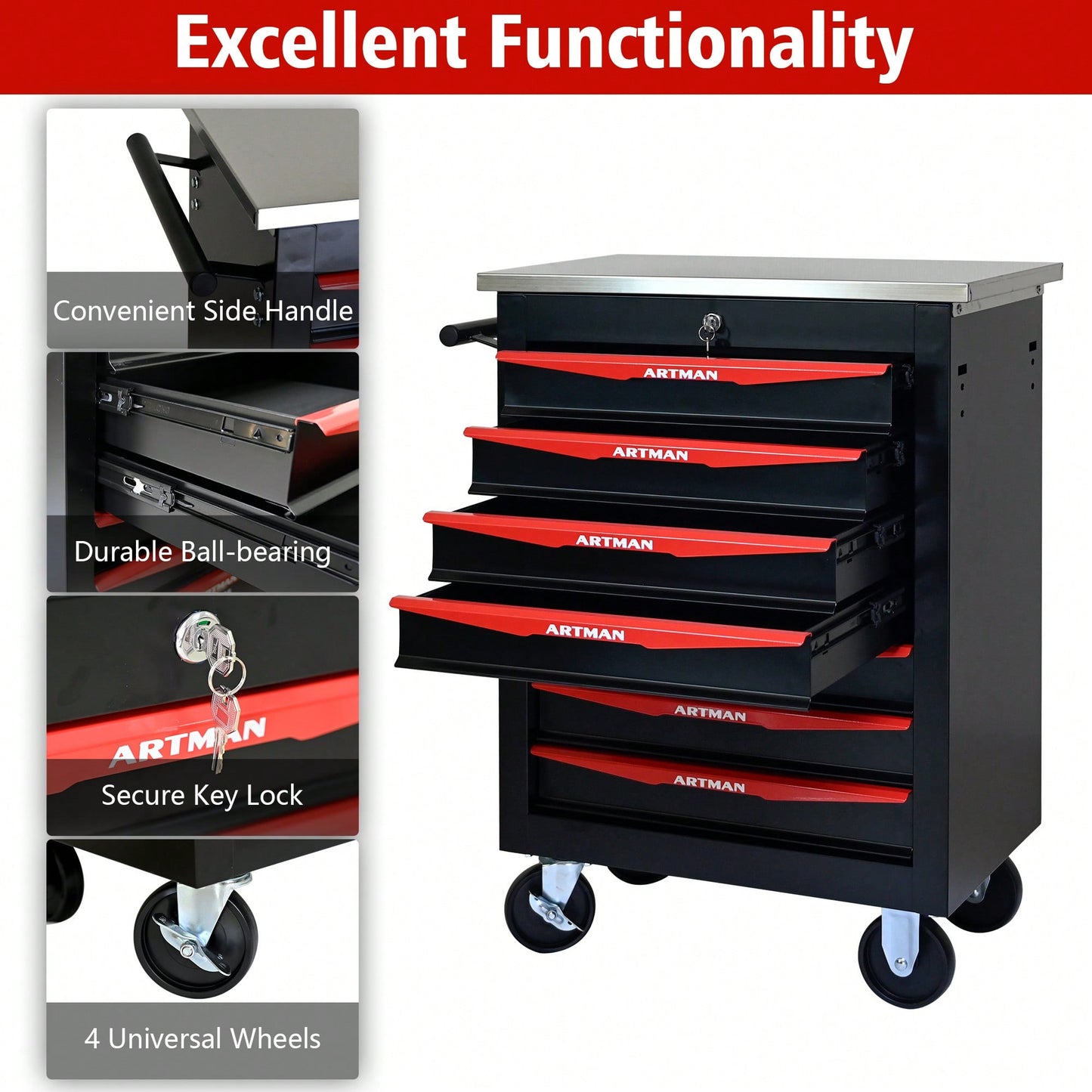 Multifunctional 7 Drawer Rolling Tool Cart With Wheels For Garage Workshop Storage Black And Red