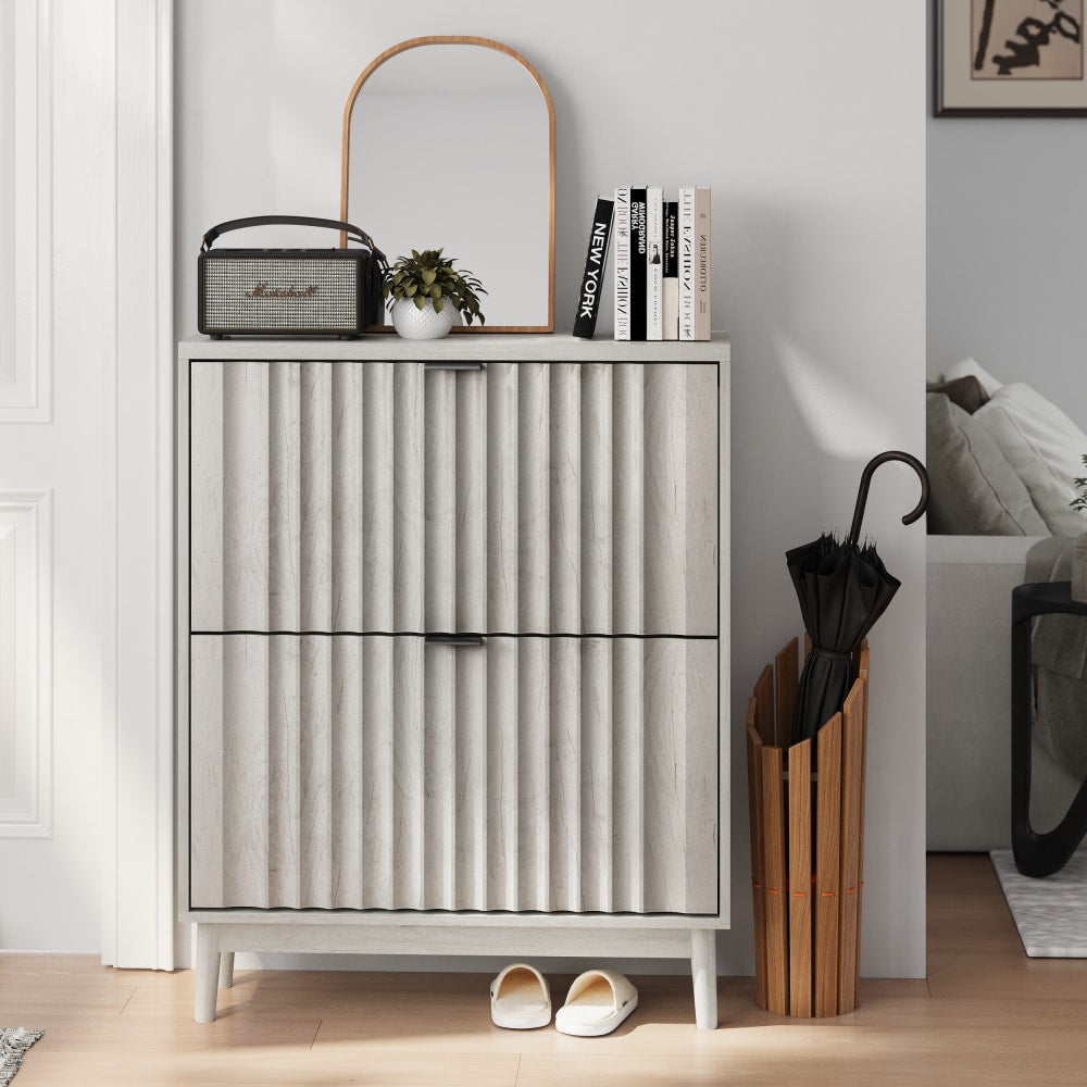 Stylish Shoe Cabinet With Flip Drawers And Wave Doors For Entryway Storage, Free Standing Organizer For Heels, Boots, And Slippers In Grey
