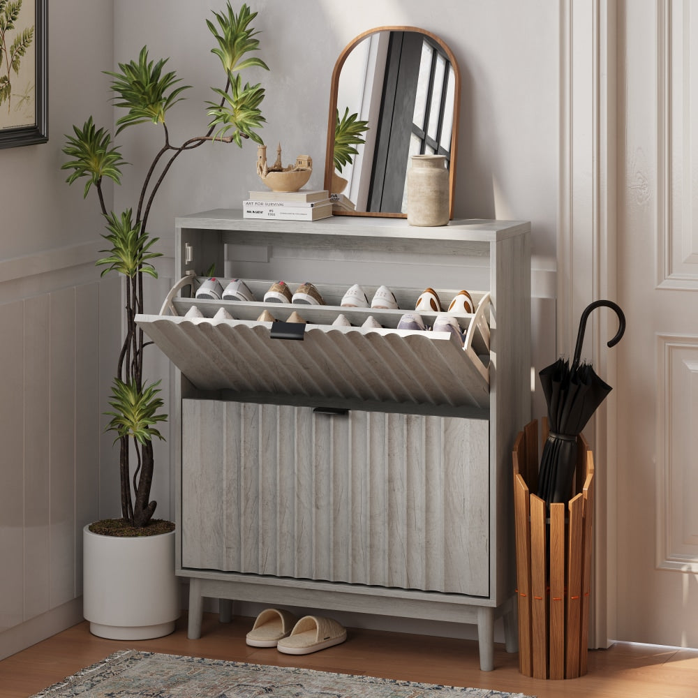 Stylish Shoe Cabinet With Flip Drawers And Wave Doors For Entryway Storage, Free Standing Organizer For Heels, Boots, And Slippers In Grey
