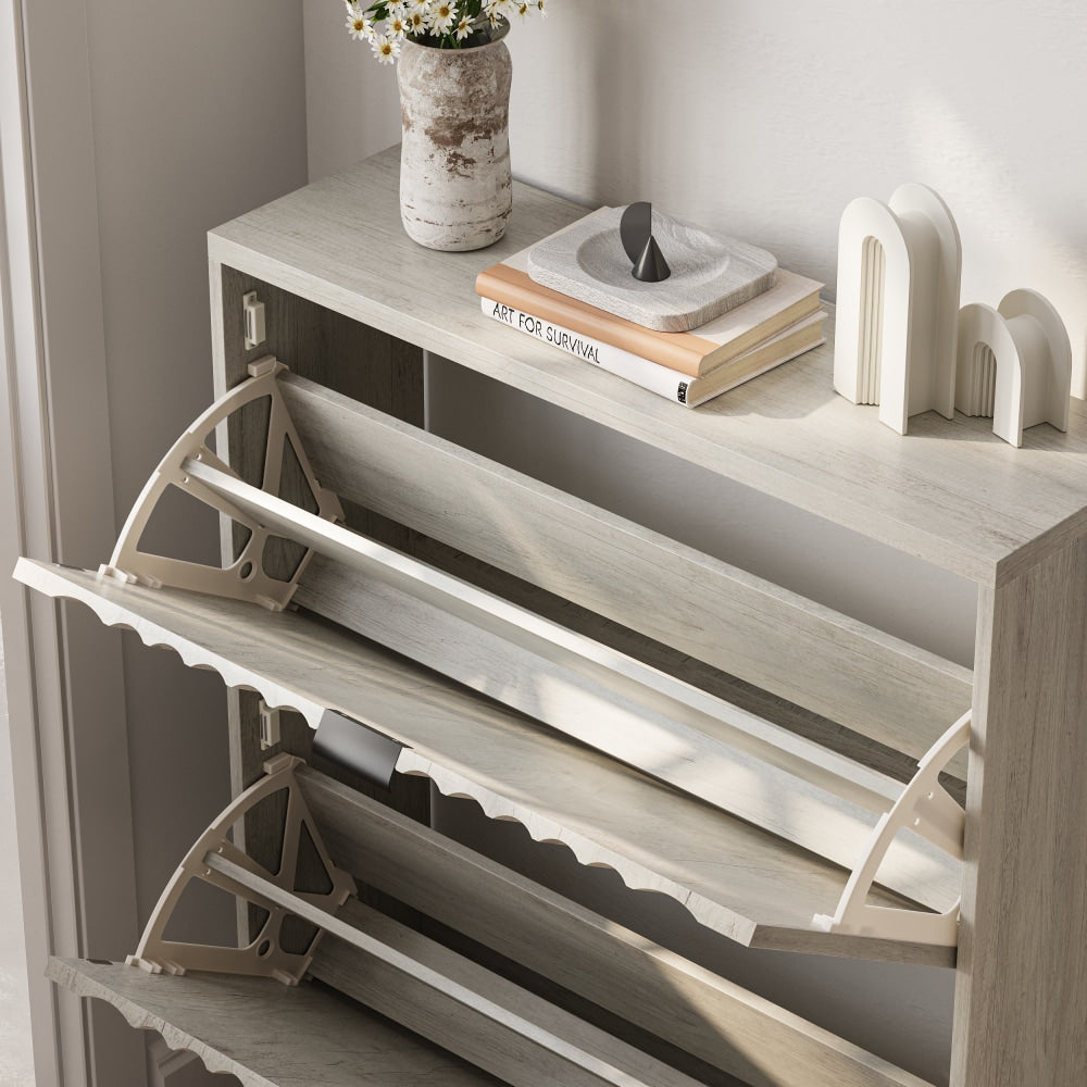 Stylish Shoe Cabinet With Flip Drawers And Wave Doors For Entryway Storage, Free Standing Organizer For Heels, Boots, And Slippers In Grey