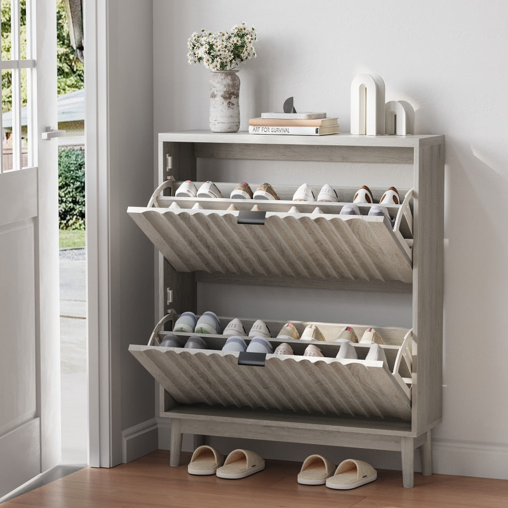 Stylish Shoe Cabinet With Flip Drawers And Wave Doors For Entryway Storage, Free Standing Organizer For Heels, Boots, And Slippers In Grey