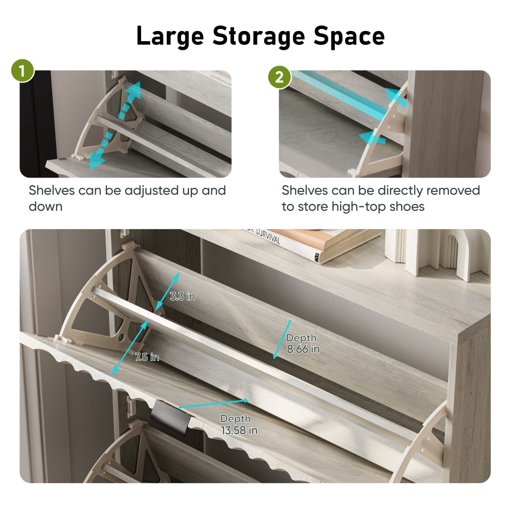 Stylish Shoe Cabinet With Flip Drawers And Wave Doors For Entryway Storage, Free Standing Organizer For Heels, Boots, And Slippers In Grey