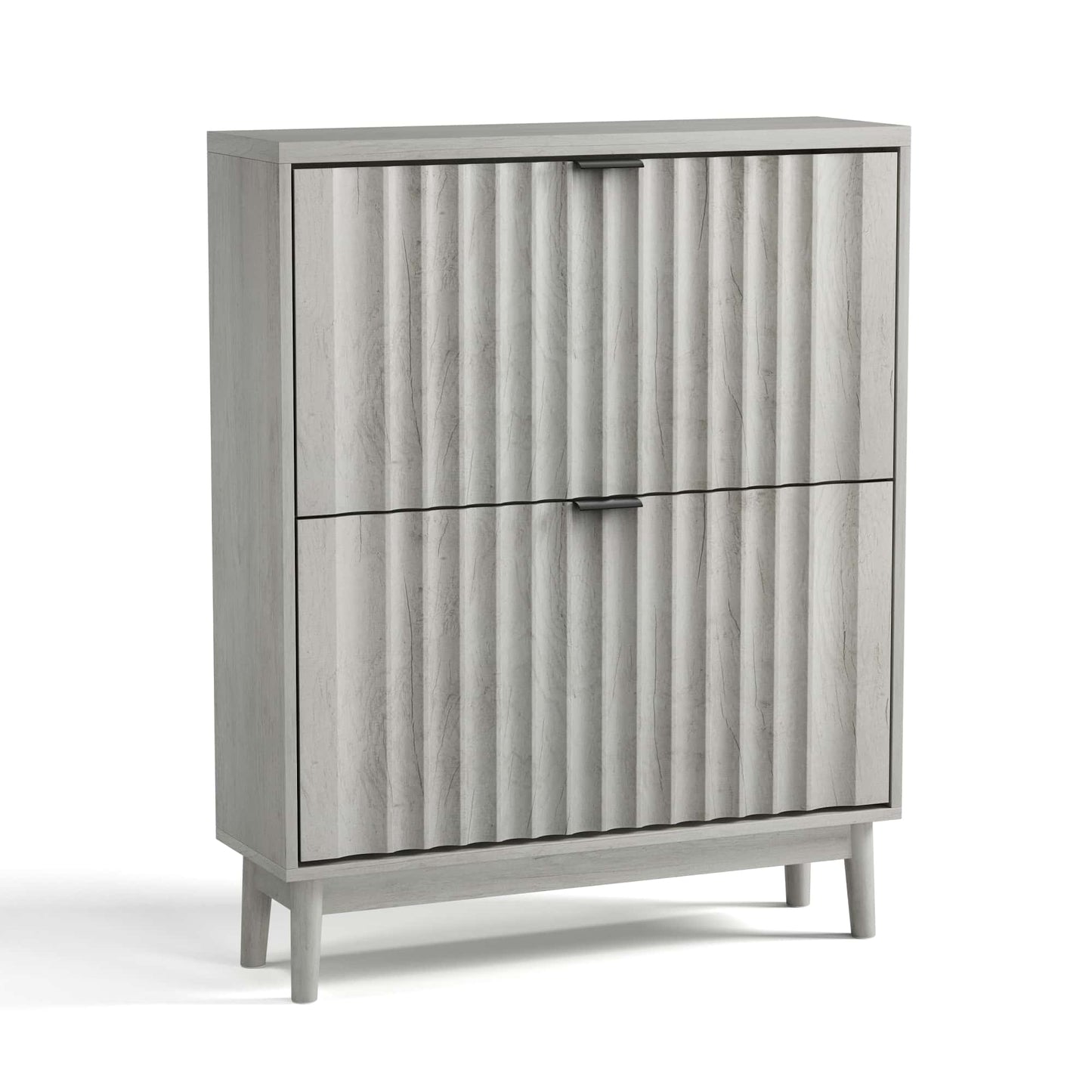 Stylish Shoe Cabinet With Flip Drawers And Wave Doors For Entryway Storage, Free Standing Organizer For Heels, Boots, And Slippers In Grey