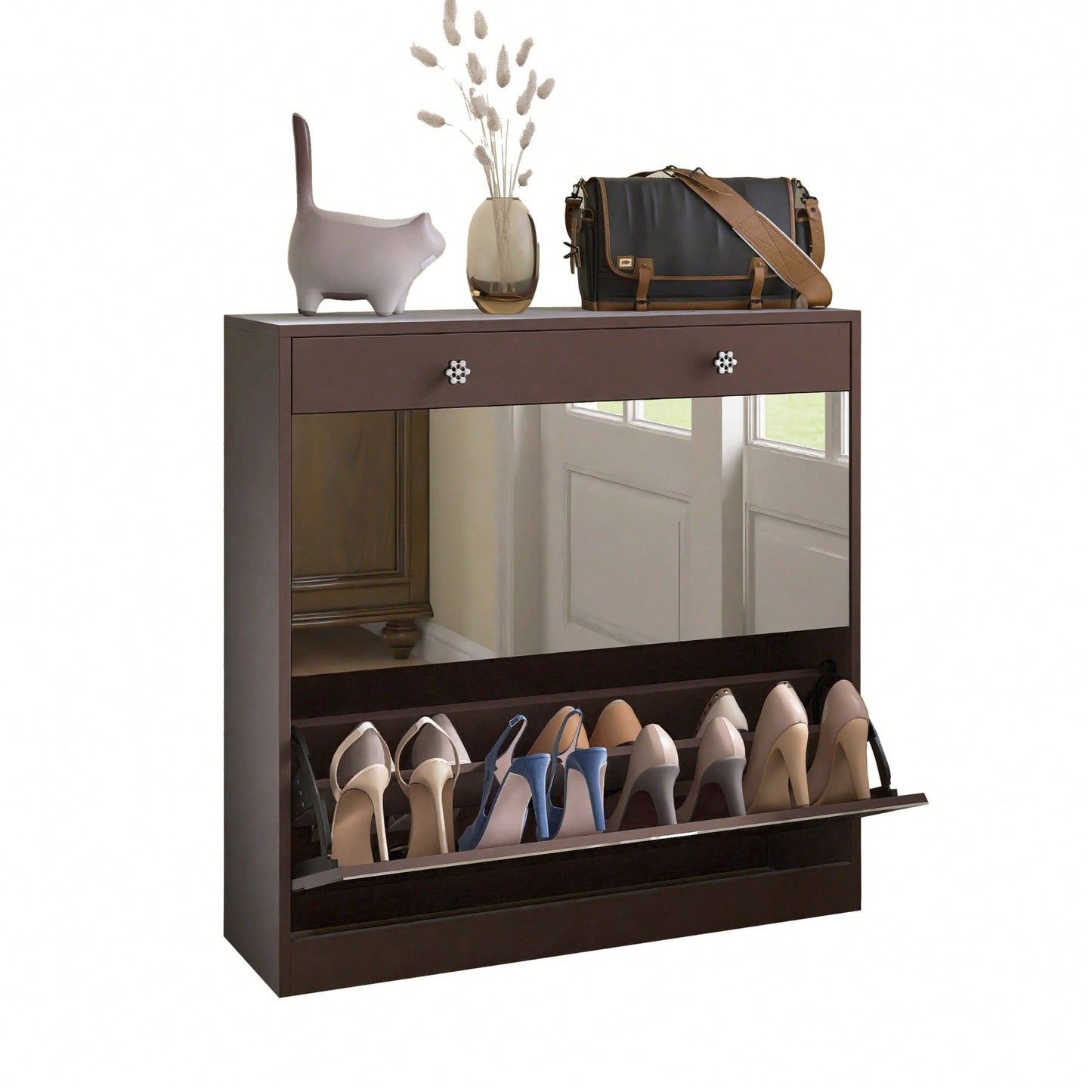 Elegant Mirror Shoe Cabinet With Dual Tier Drawers And Single Drawer Storage For Entryway And Bedroom In Brown Finish