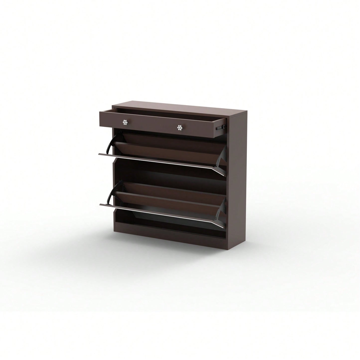 Elegant Mirror Shoe Cabinet With Dual Tier Drawers And Single Drawer Storage For Entryway And Bedroom In Brown Finish