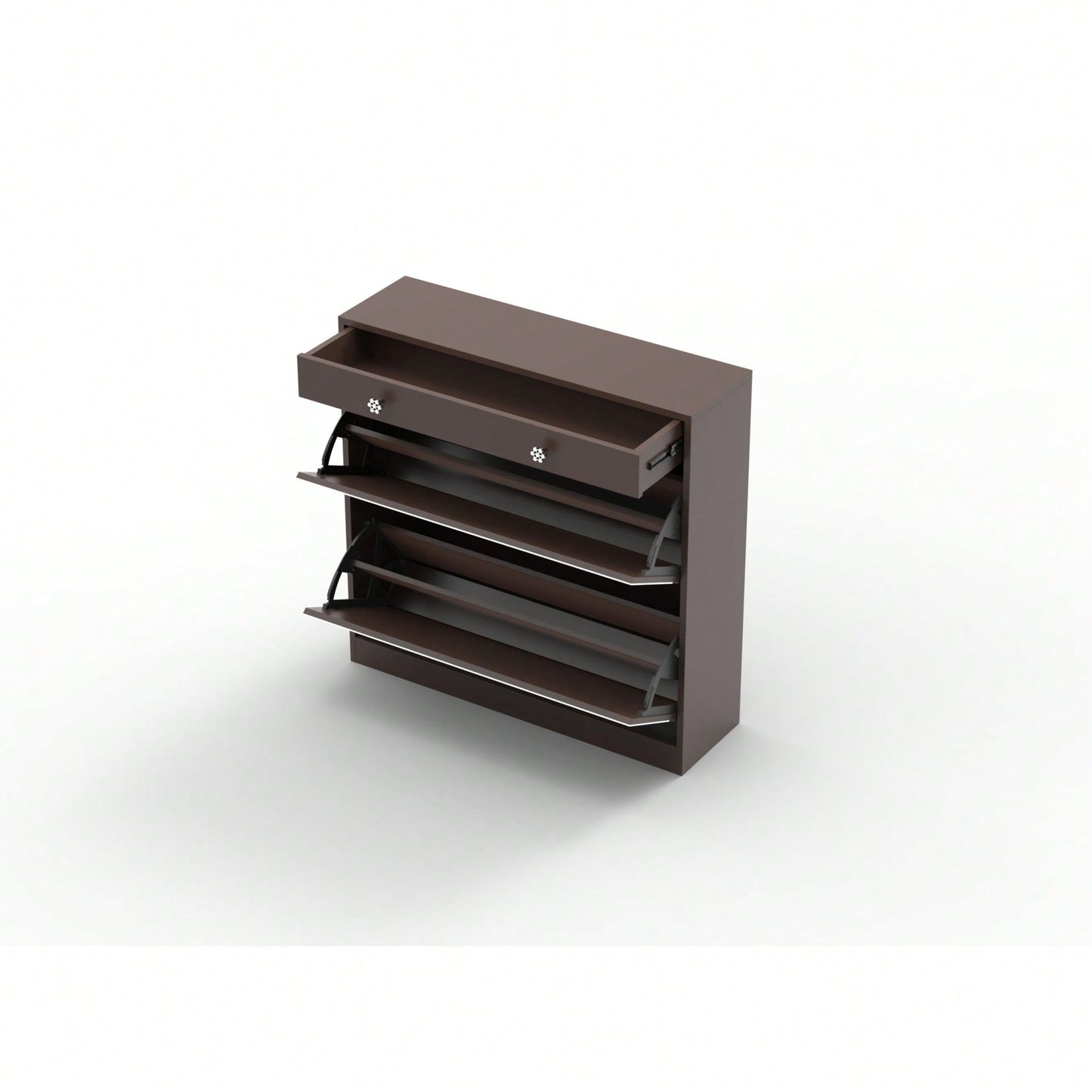 Elegant Mirror Shoe Cabinet With Dual Tier Drawers And Single Drawer Storage For Entryway And Bedroom In Brown Finish