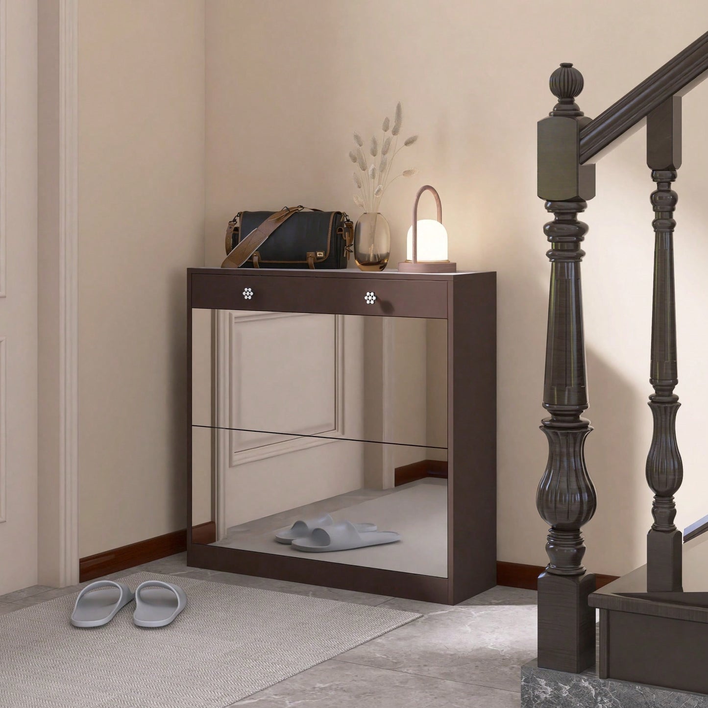 Elegant Mirror Shoe Cabinet With Dual Tier Drawers And Single Drawer Storage For Entryway And Bedroom In Brown Finish