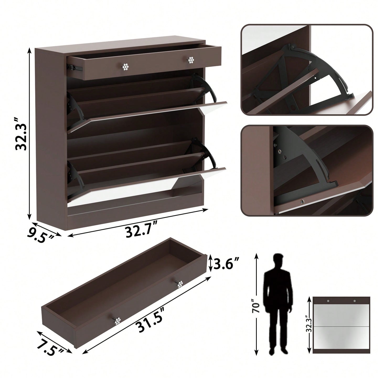 Elegant Mirror Shoe Cabinet With Dual Tier Drawers And Single Drawer Storage For Entryway And Bedroom In Brown Finish