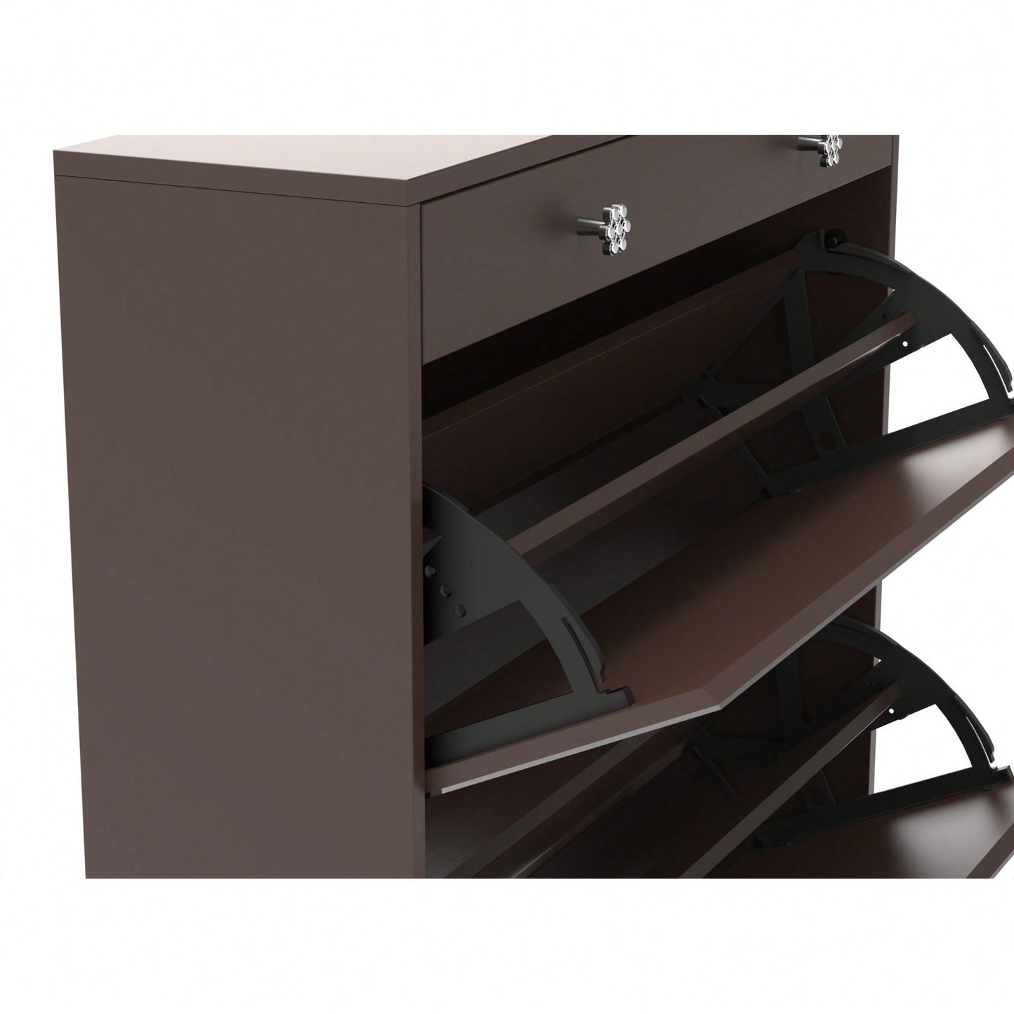 Elegant Mirror Shoe Cabinet With Dual Tier Drawers And Single Drawer Storage For Entryway And Bedroom In Brown Finish