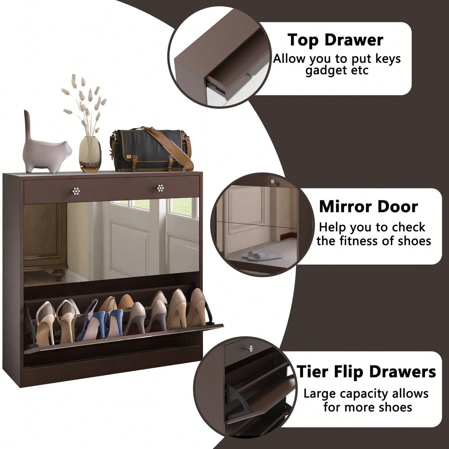 Elegant Mirror Shoe Cabinet With Dual Tier Drawers And Single Drawer Storage For Entryway And Bedroom In Brown Finish