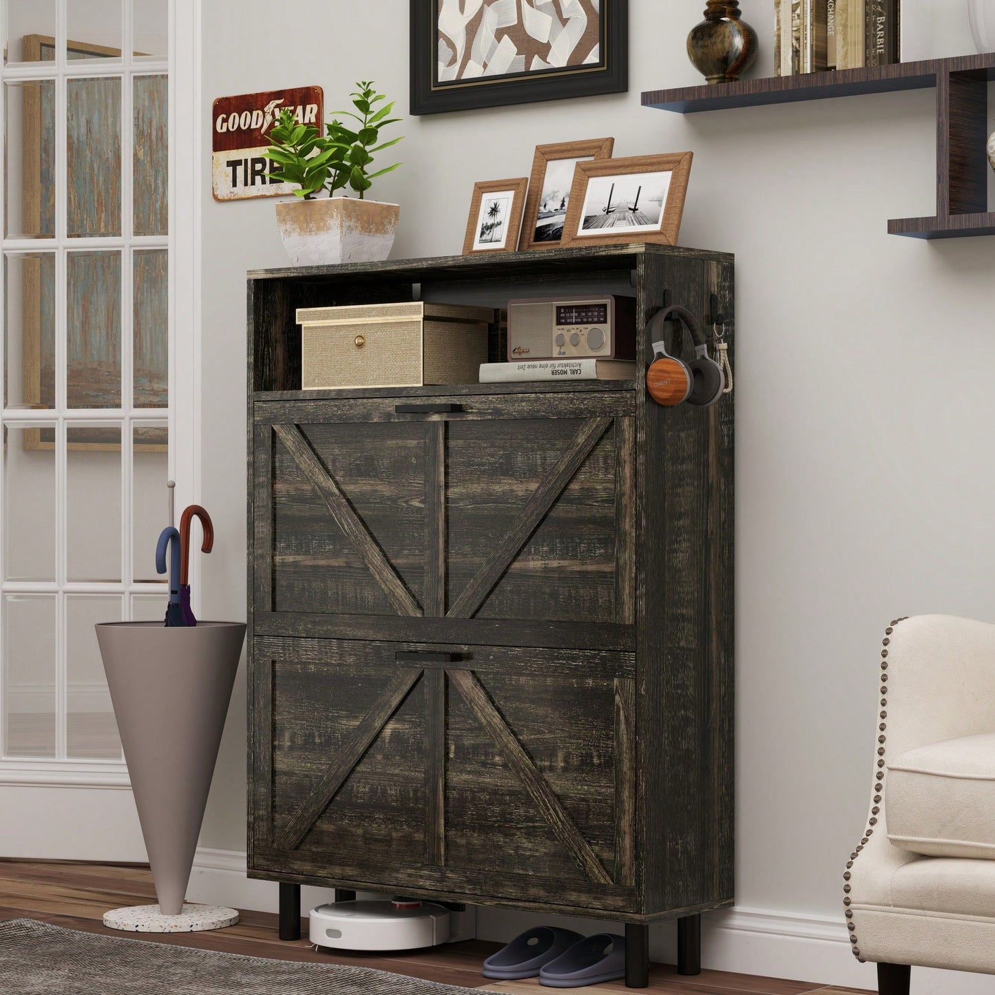 Farmhouse Style Shoe Storage Cabinet With Barn Door, Freestanding Narrow Organizer With 2 Flip Drawers And Hooks For Entryway Hallway Foyer Dark Oak